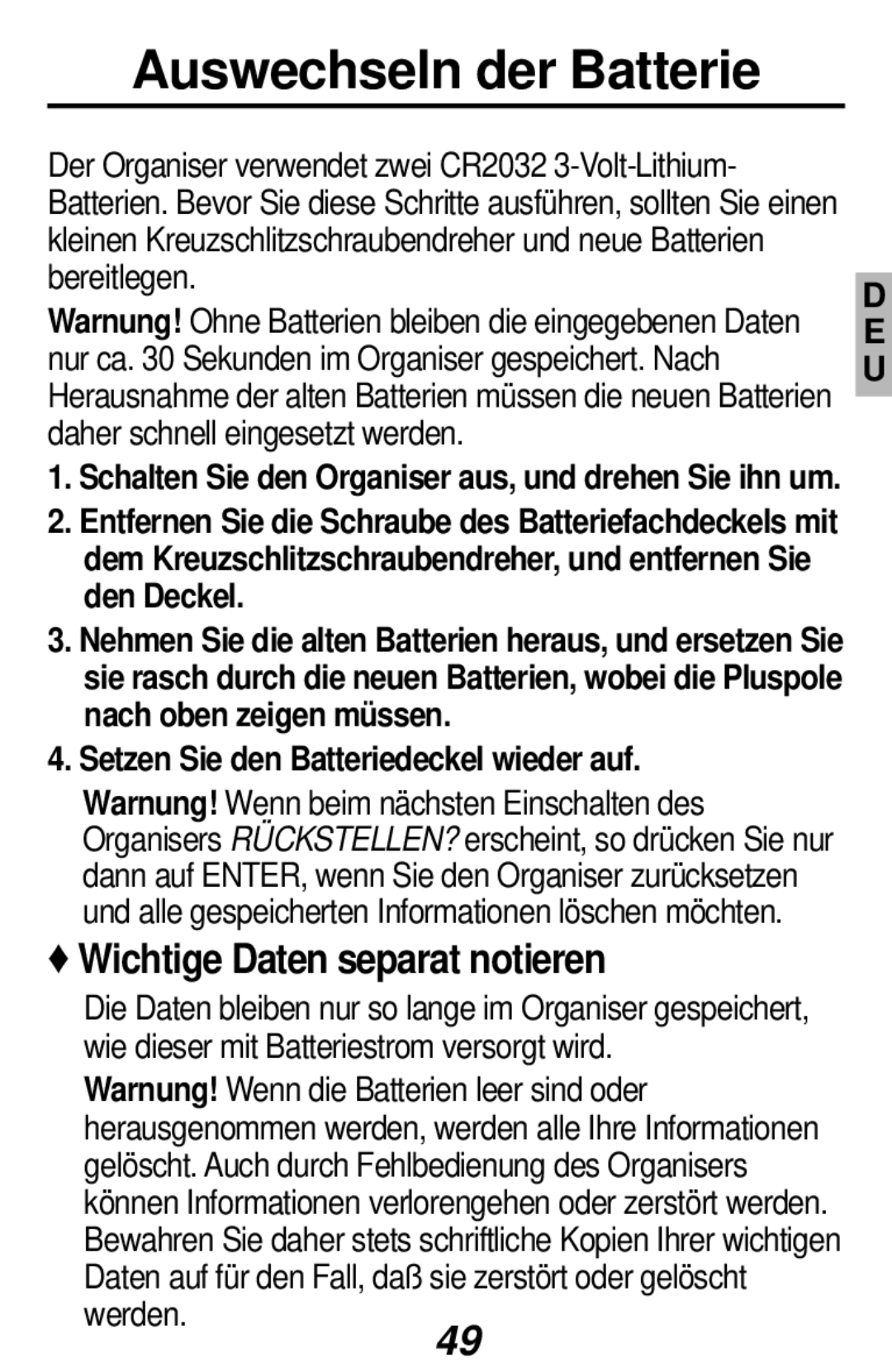 Franklin RF-384 manual Auswechseln der Batterie, Wichtige Daten separat notieren, Setzen Sie den Batteriedeckel wieder auf 