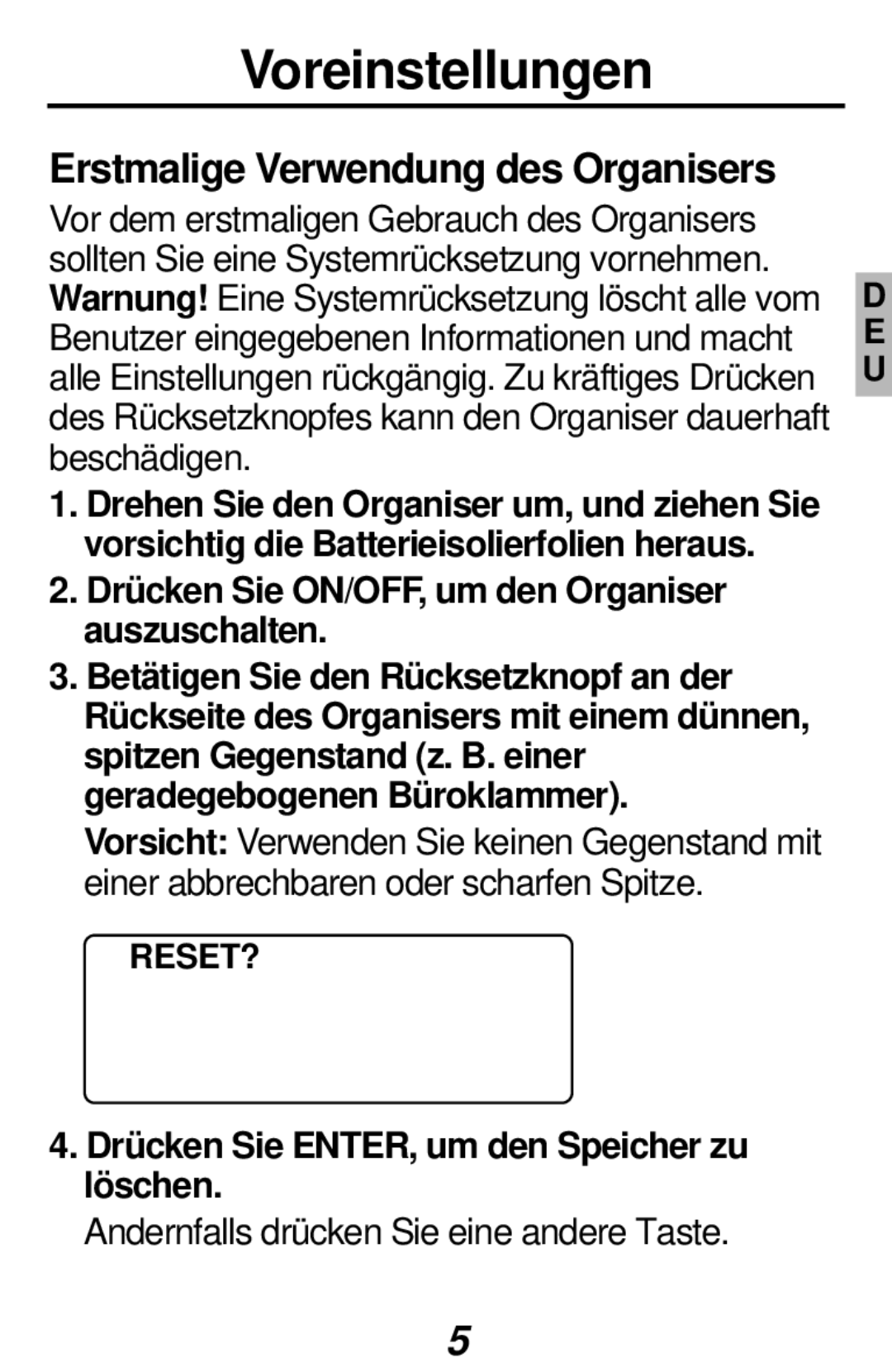 Franklin RF-384 manual Voreinstellungen, Erstmalige Verwendung des Organisers, Reset? 