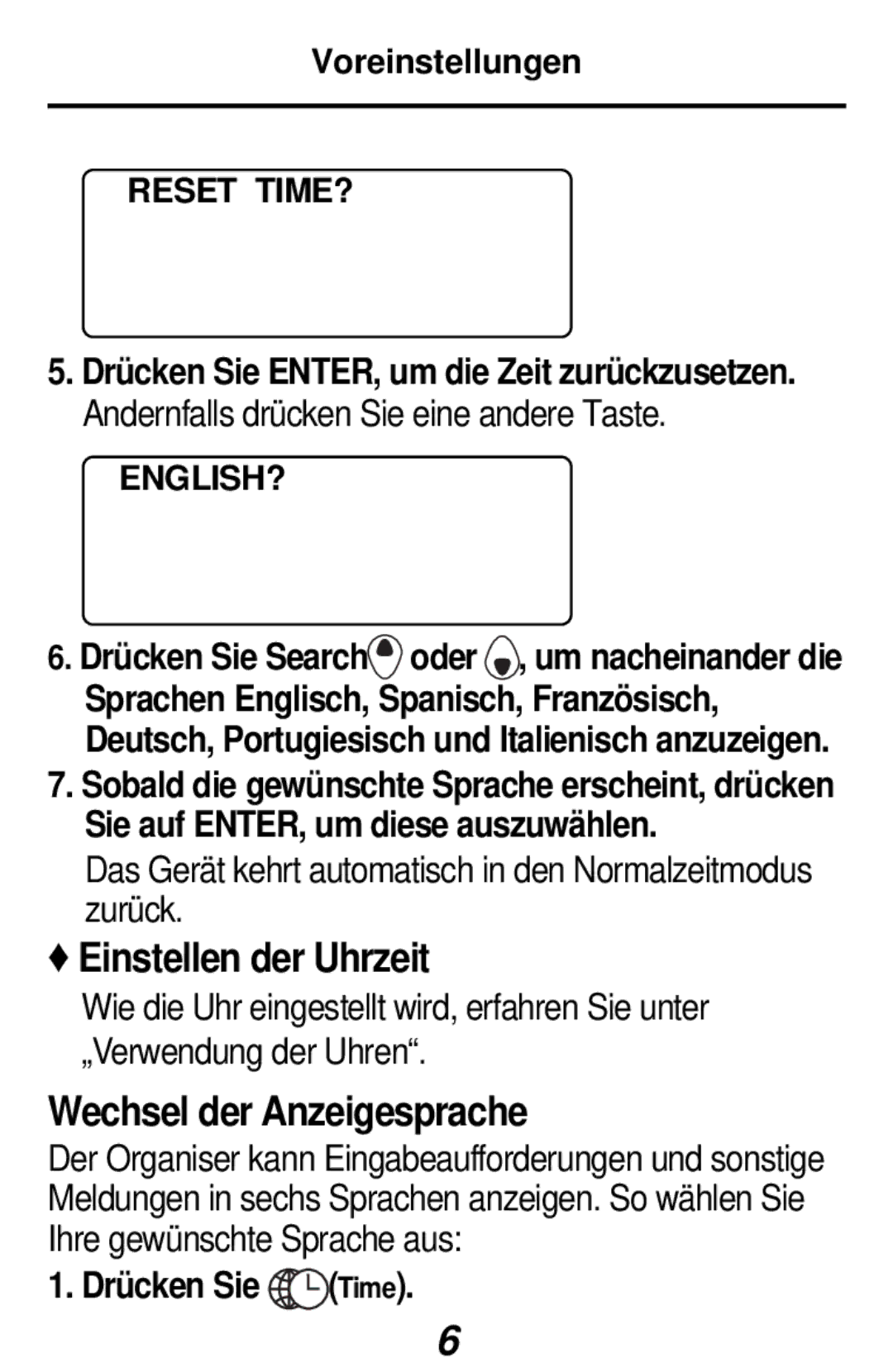 Franklin RF-384 manual Einstellen der Uhrzeit, Wechsel der Anzeigesprache, Voreinstellungen, Reset TIME?, English? 