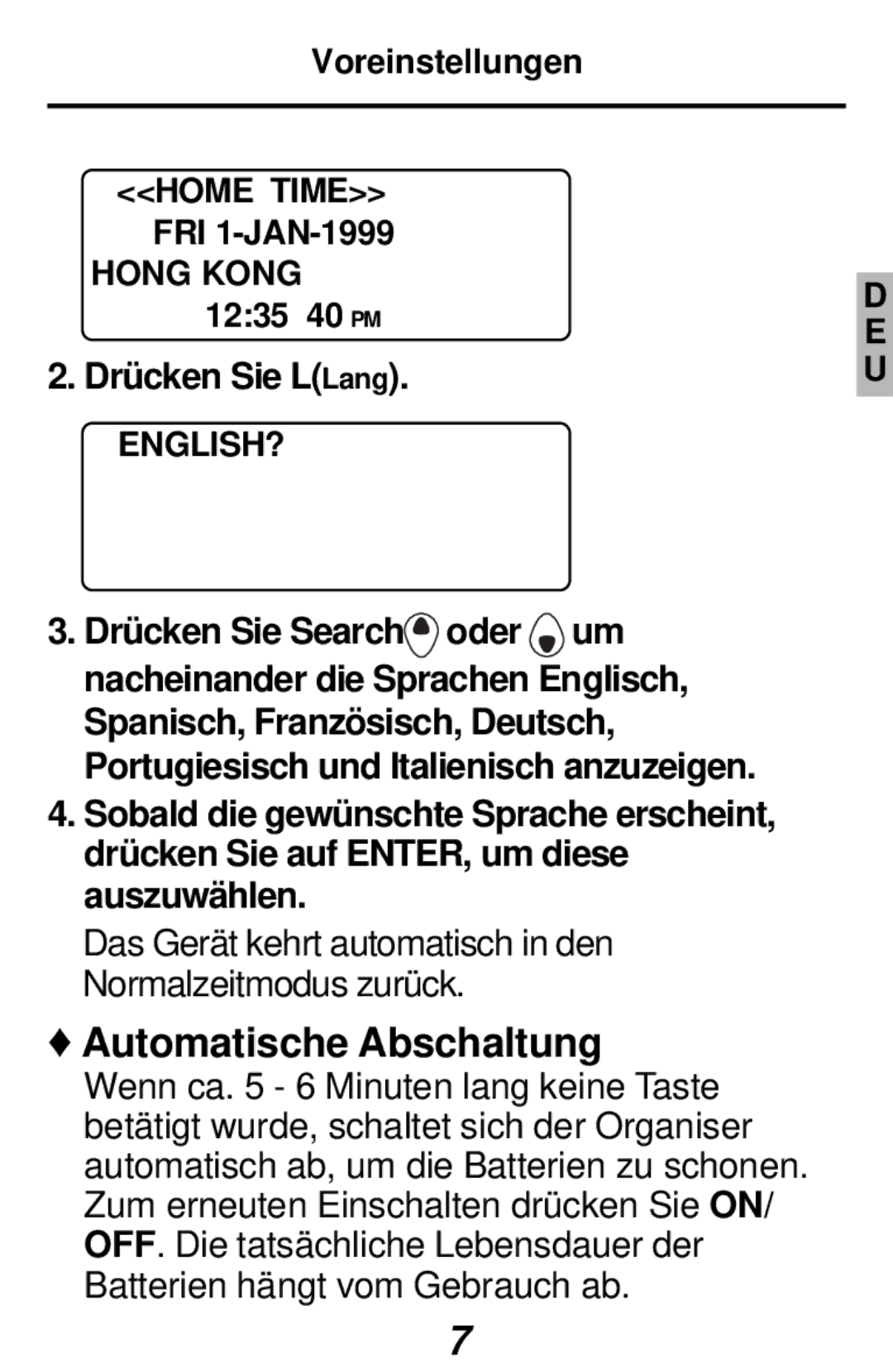 Franklin RF-384 manual Automatische Abschaltung, Drücken Sie L Lang 