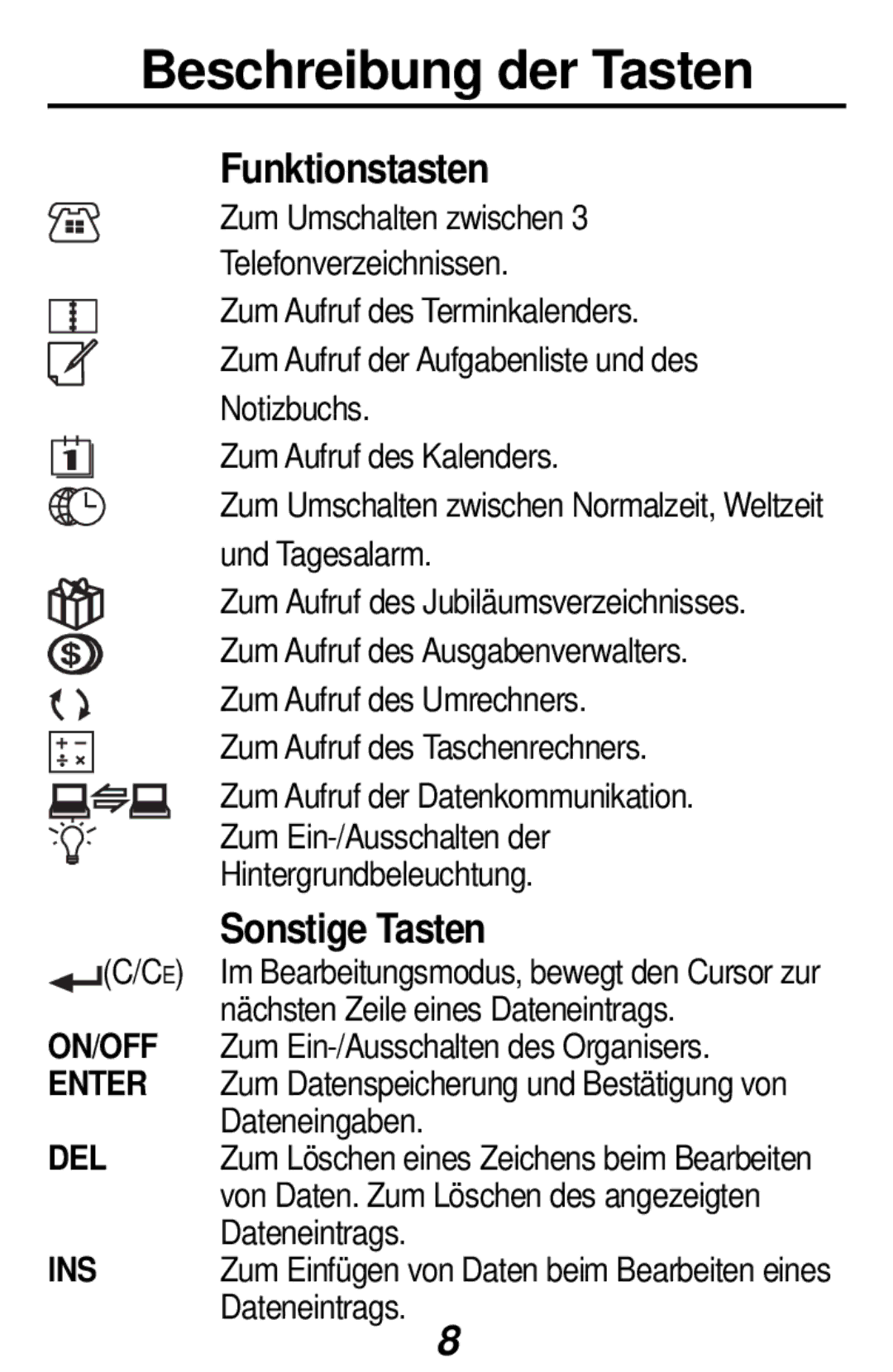 Franklin RF-384 manual Beschreibung der Tasten, Funktionstasten, Sonstige Tasten 