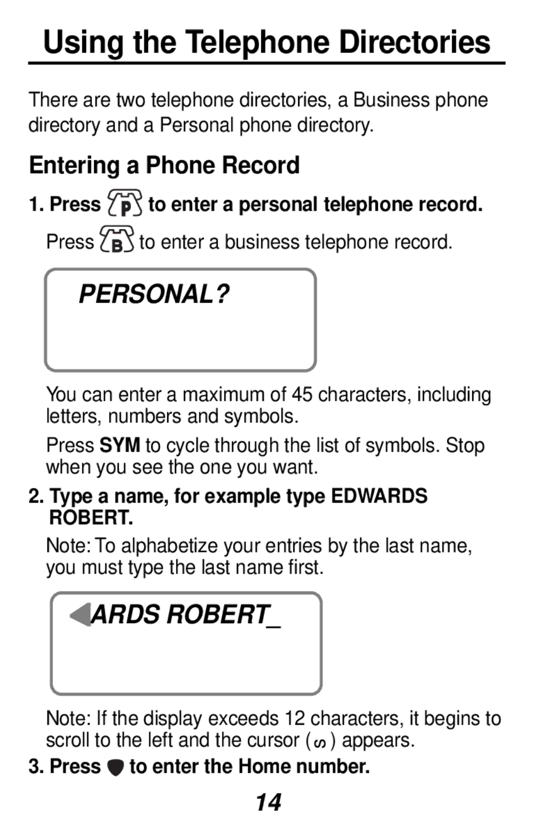 Franklin RF-3, RF-48 manual Personal?, Ards Robert, Entering a Phone Record 