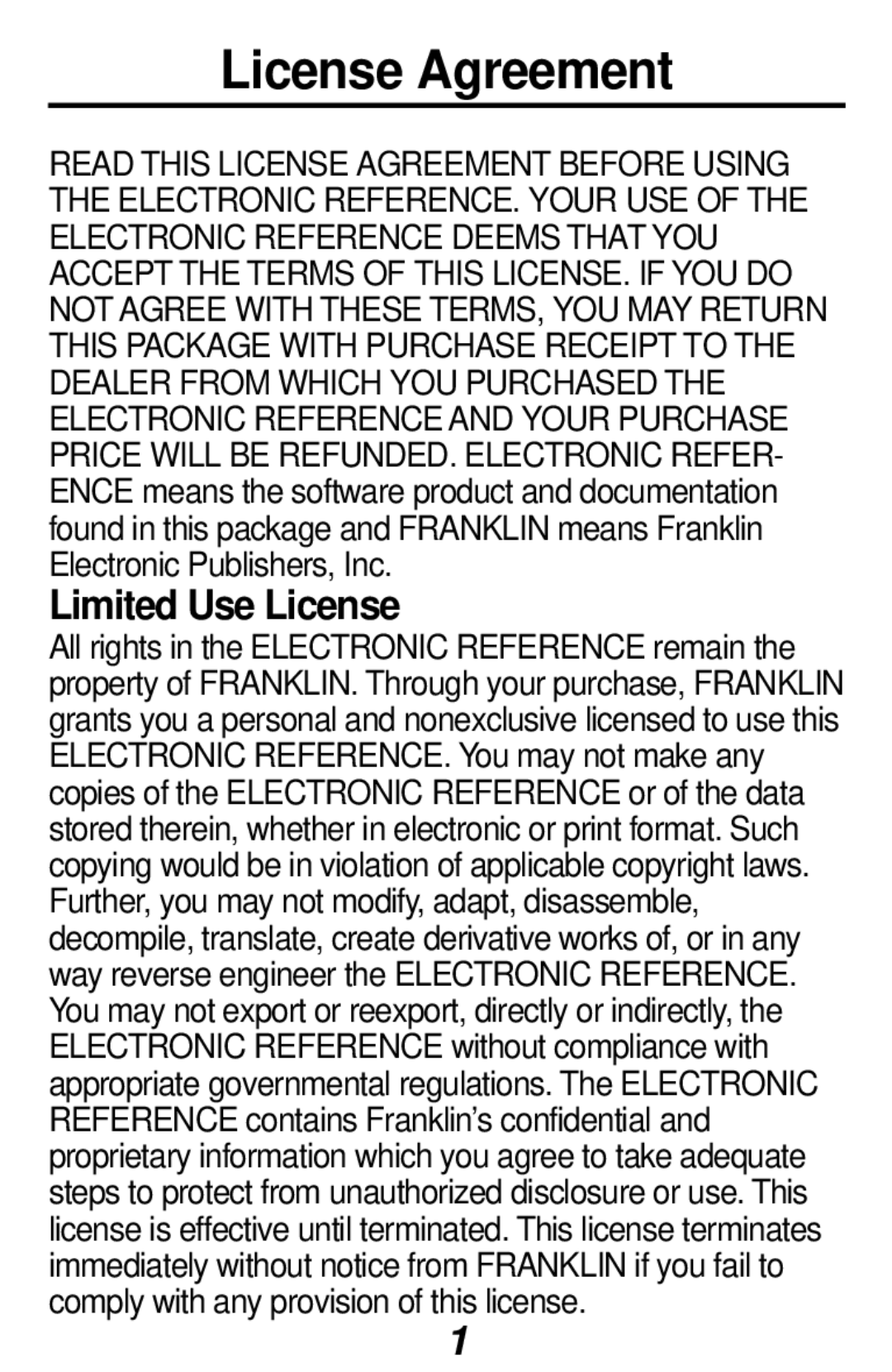 Franklin RF-48, RF-3 manual License Agreement, Limited Use License 