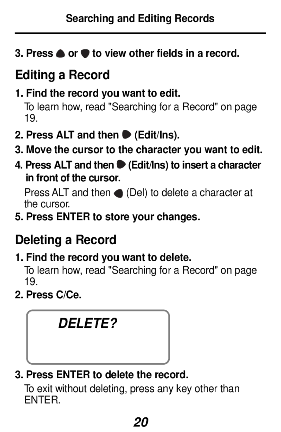 Franklin RF-3, RF-48 manual Delete?, Editing a Record, Deleting a Record 