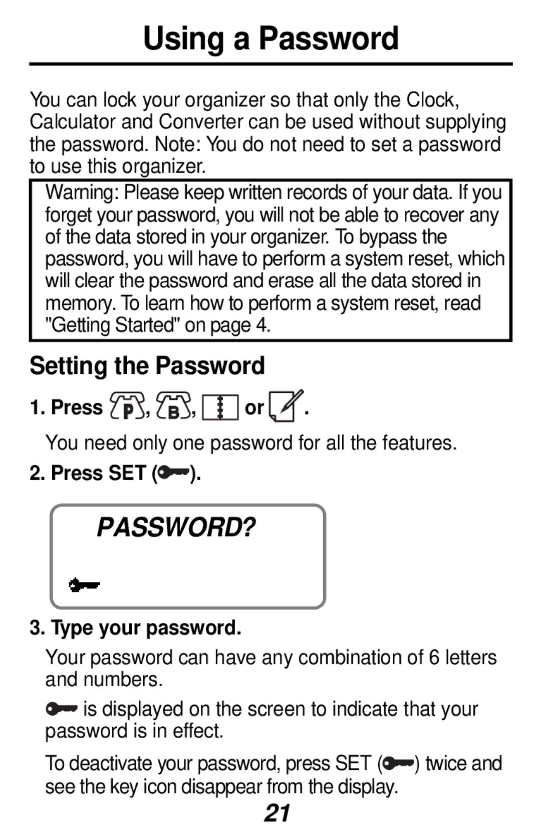 Franklin RF-48, RF-3 manual Using a Password, Password?, Setting the Password, Press SET, Type your password 