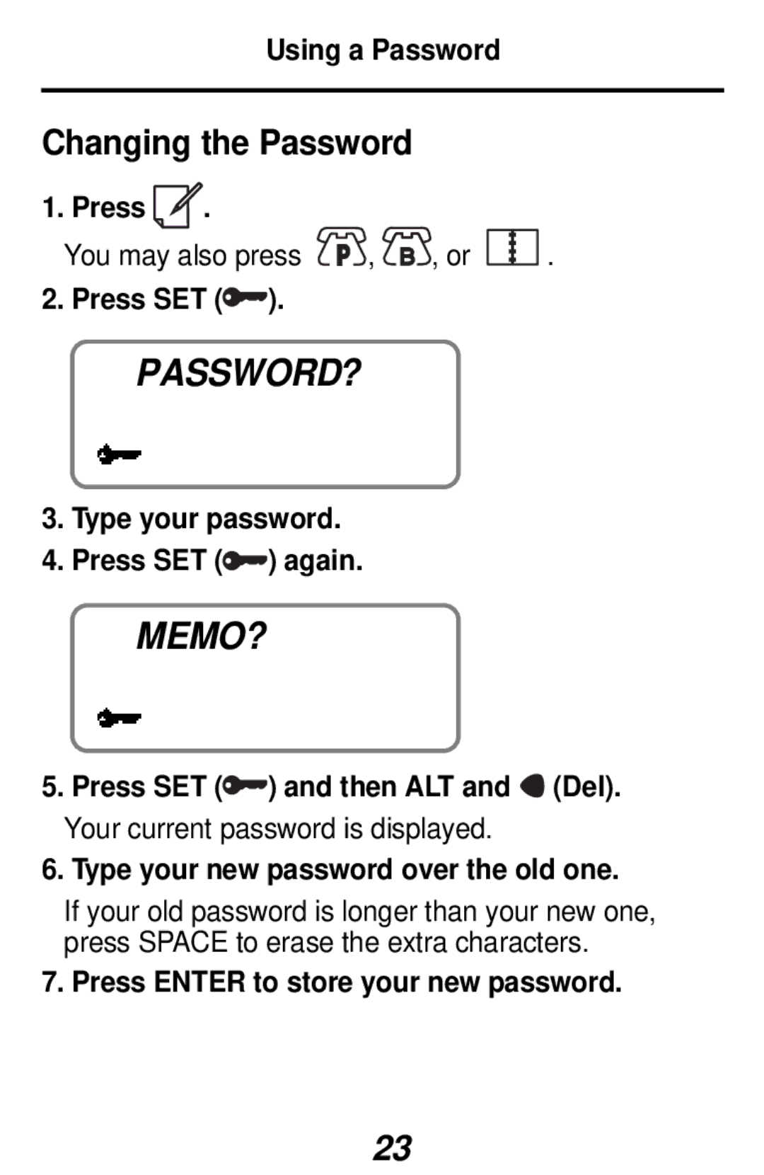 Franklin RF-48, RF-3 manual Changing the Password, Press Enter to store your new password 