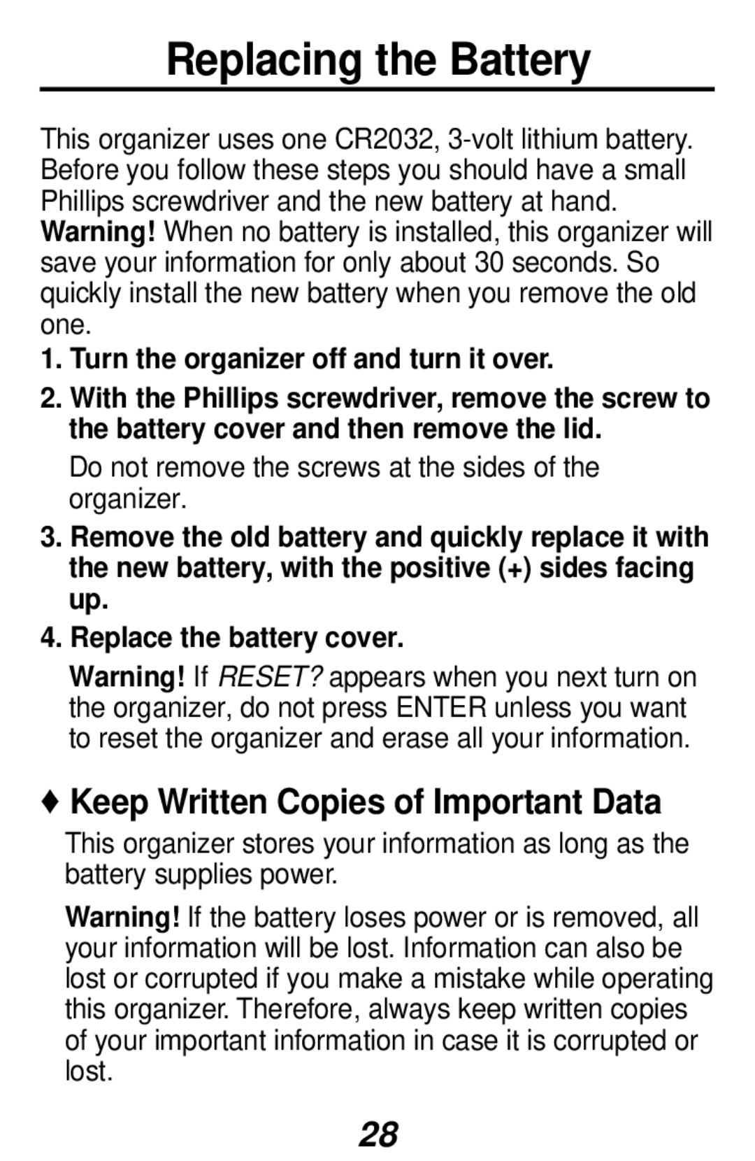 Franklin RF-3, RF-48 Replacing the Battery, Keep Written Copies of Important Data, Turn the organizer off and turn it over 