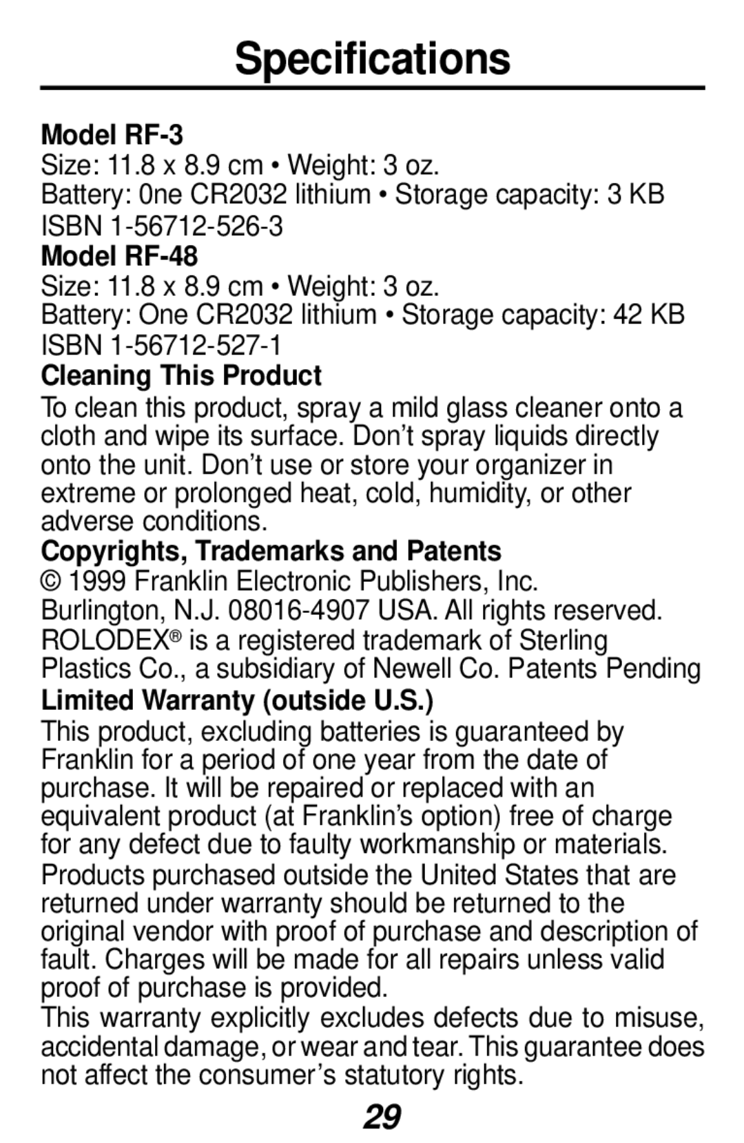 Franklin RF-48, RF-3 manual Specifications 