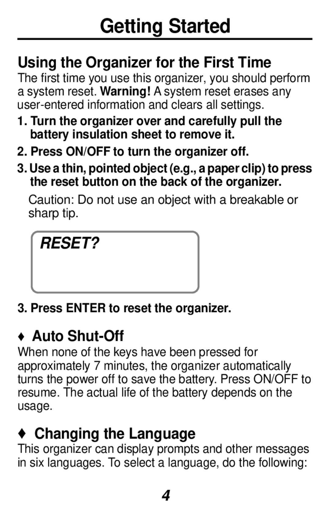 Franklin RF-3, RF-48 Getting Started, Reset?, Using the Organizer for the First Time, Auto Shut-Off, Changing the Language 