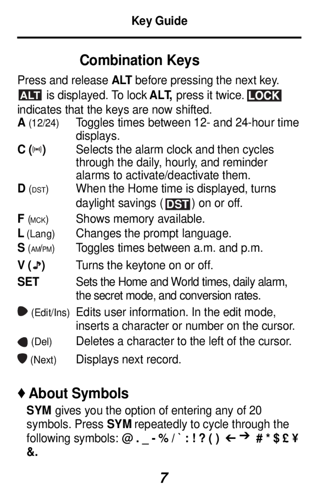 Franklin RF-48, RF-3 manual Combination Keys, About Symbols 