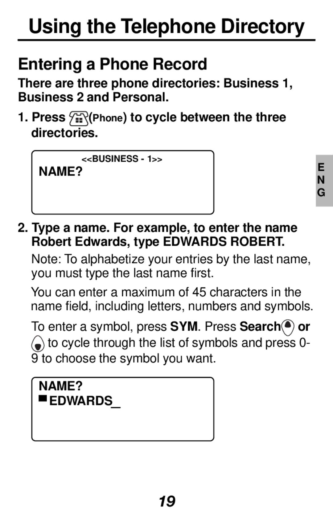 Franklin RF-512 manual Entering a Phone Record, Name?, NAME? Edwards 