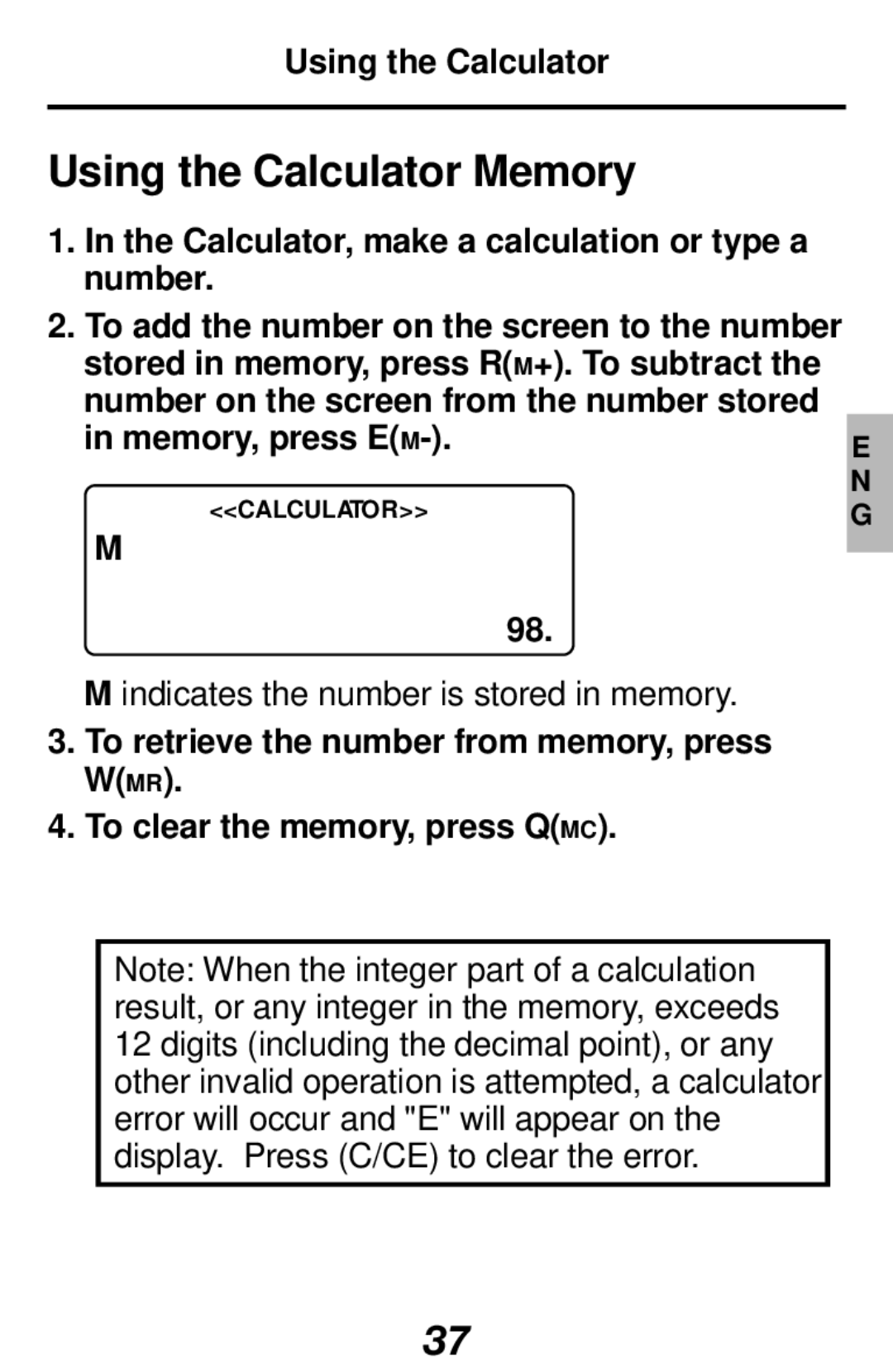 Franklin RF-512 manual Using the Calculator Memory, Memory, press E M 