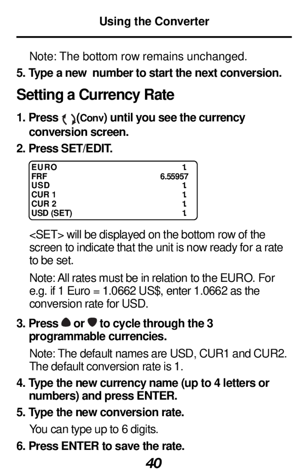 Franklin RF-512 manual Setting a Currency Rate, Press Enter to save the rate 