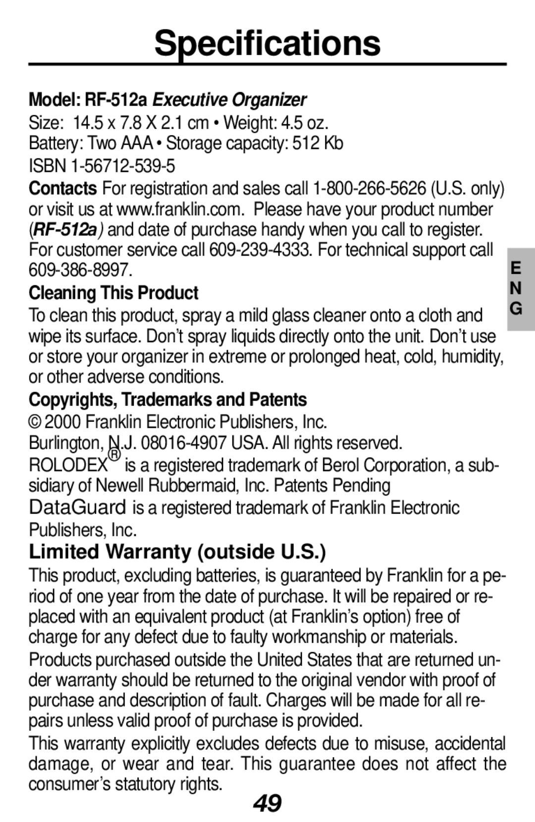 Franklin RF-512 Specifications, Cleaning This Product, Copyrights, Trademarks and Patents, Limited Warranty outside U.S 