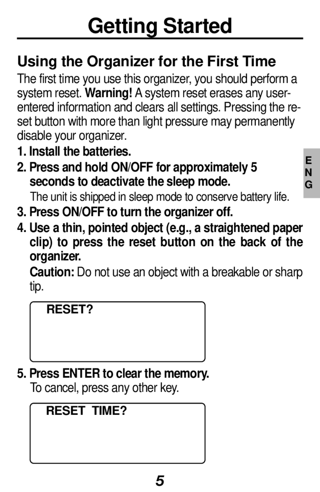 Franklin RF-512 manual Getting Started, Using the Organizer for the First Time, Reset?, Reset TIME? 