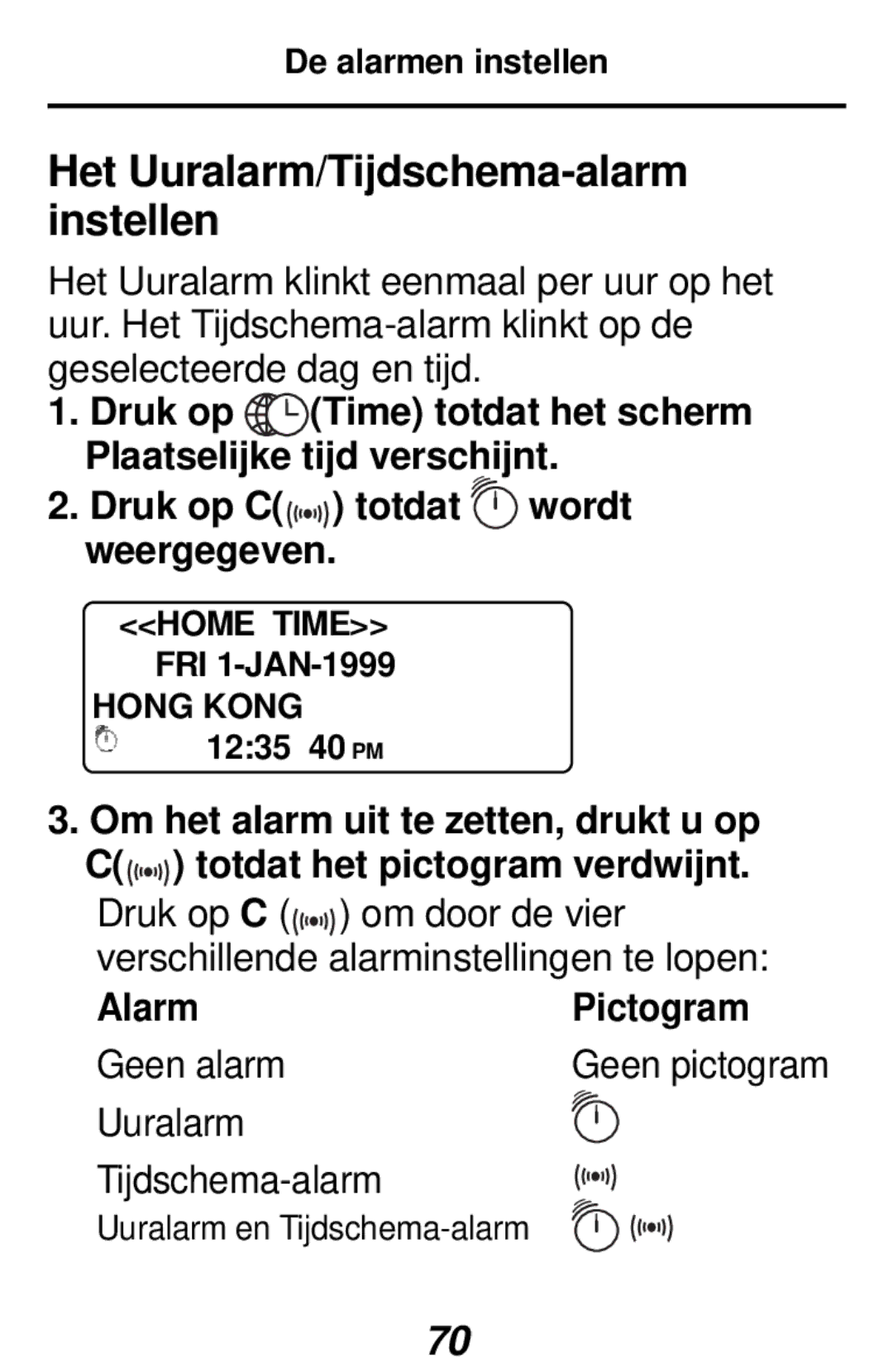 Franklin RF-512a manual Het Uuralarm/Tijdschema-alarm instellen, Druk op C totdat wordt weergegeven, AlarmPictogram 