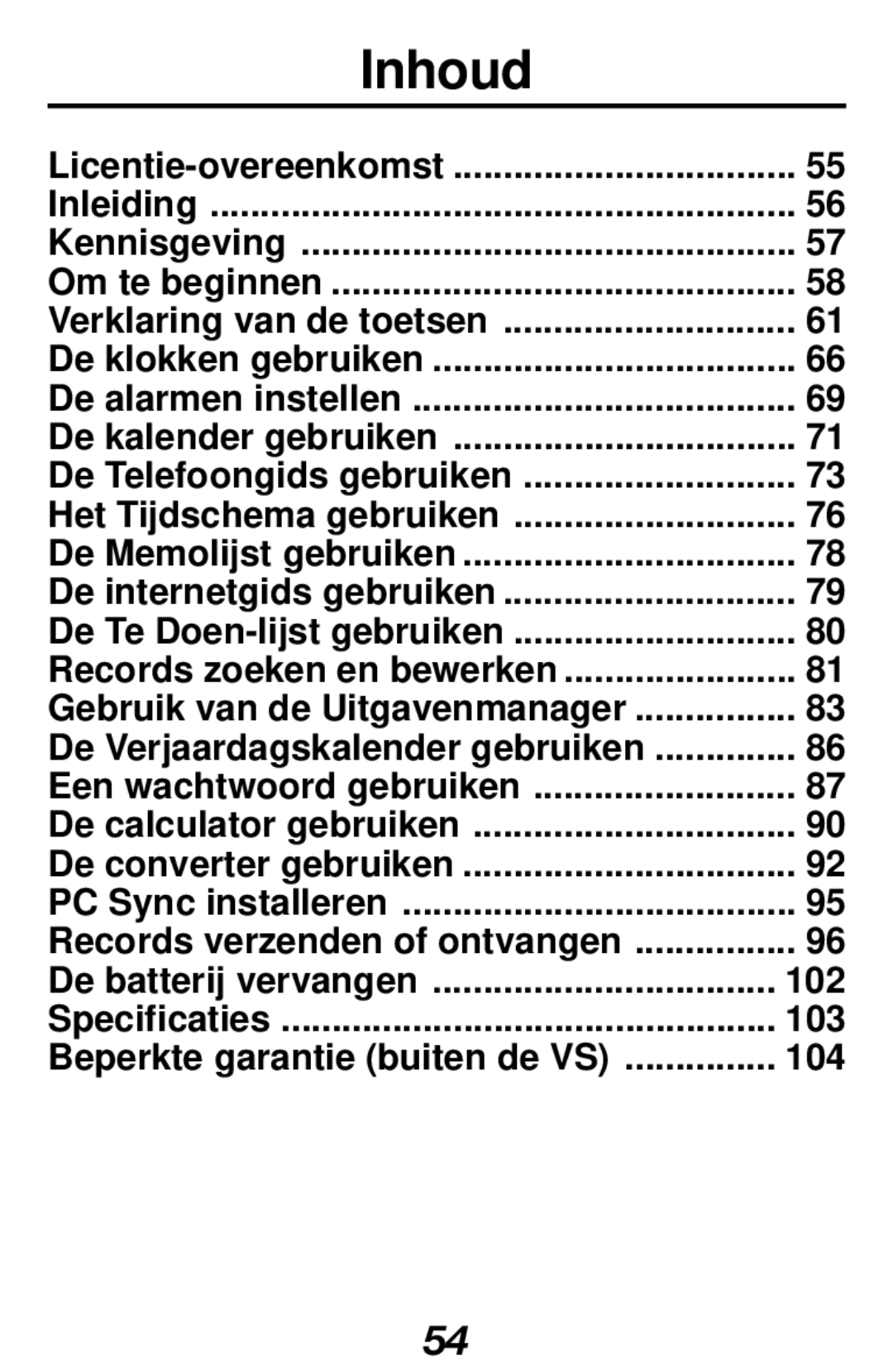 Franklin RF-512a Inhoud, Records verzenden of ontvangen De batterij vervangen 102, 103, Beperkte garantie buiten de VS 104 