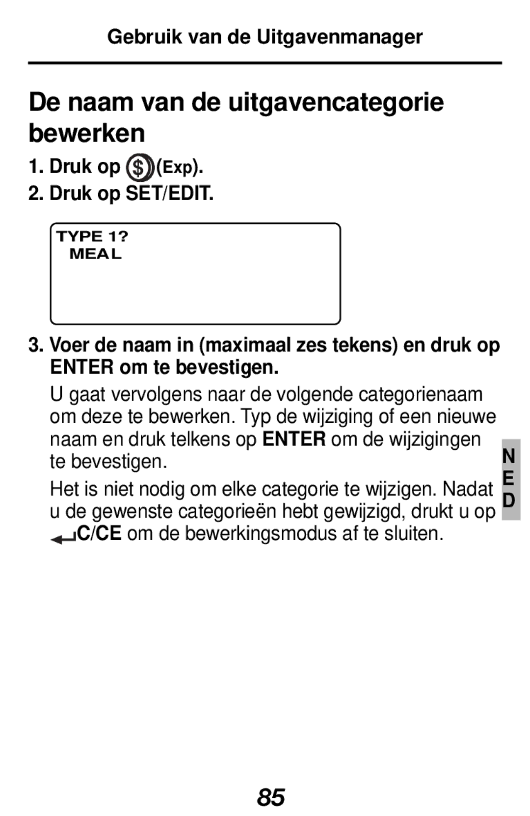 Franklin RF-512a manual De naam van de uitgavencategorie bewerken, Druk op Exp Druk op SET/EDIT 