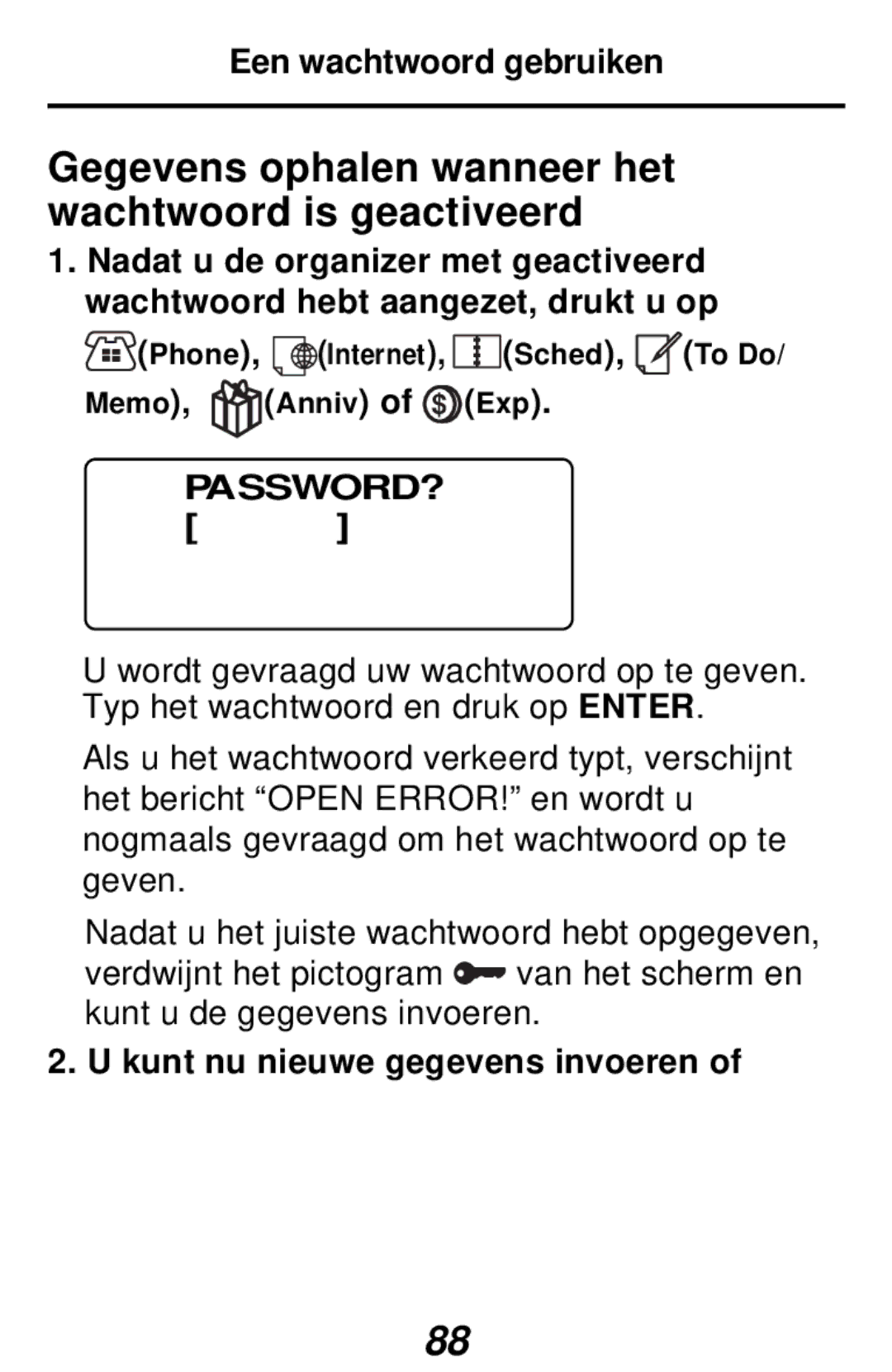 Franklin RF-512a Gegevens ophalen wanneer het wachtwoord is geactiveerd, Een wachtwoord gebruiken, Memo, Anniv of Exp 