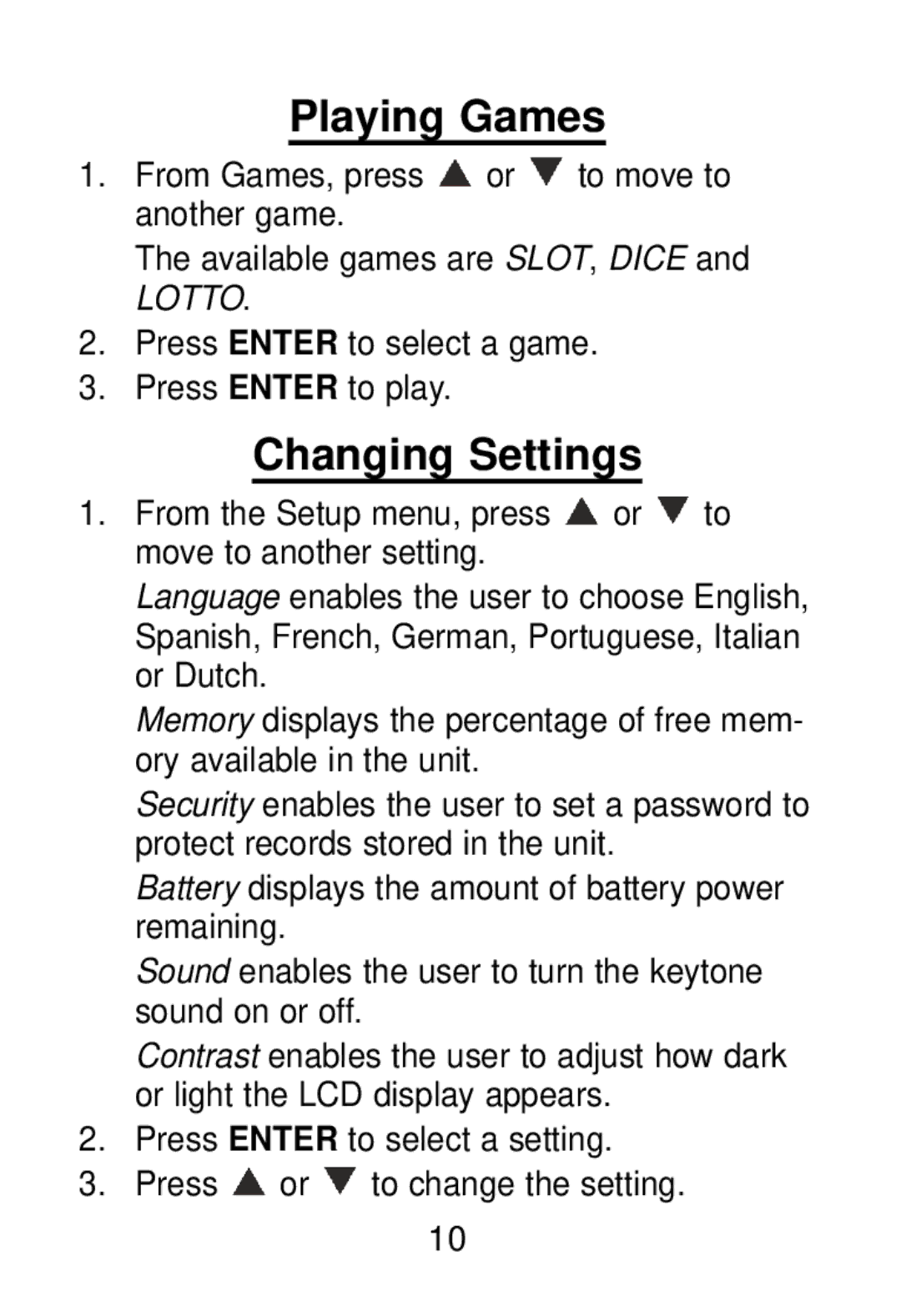 Franklin RL-8221 manual Playing Games, Changing Settings 