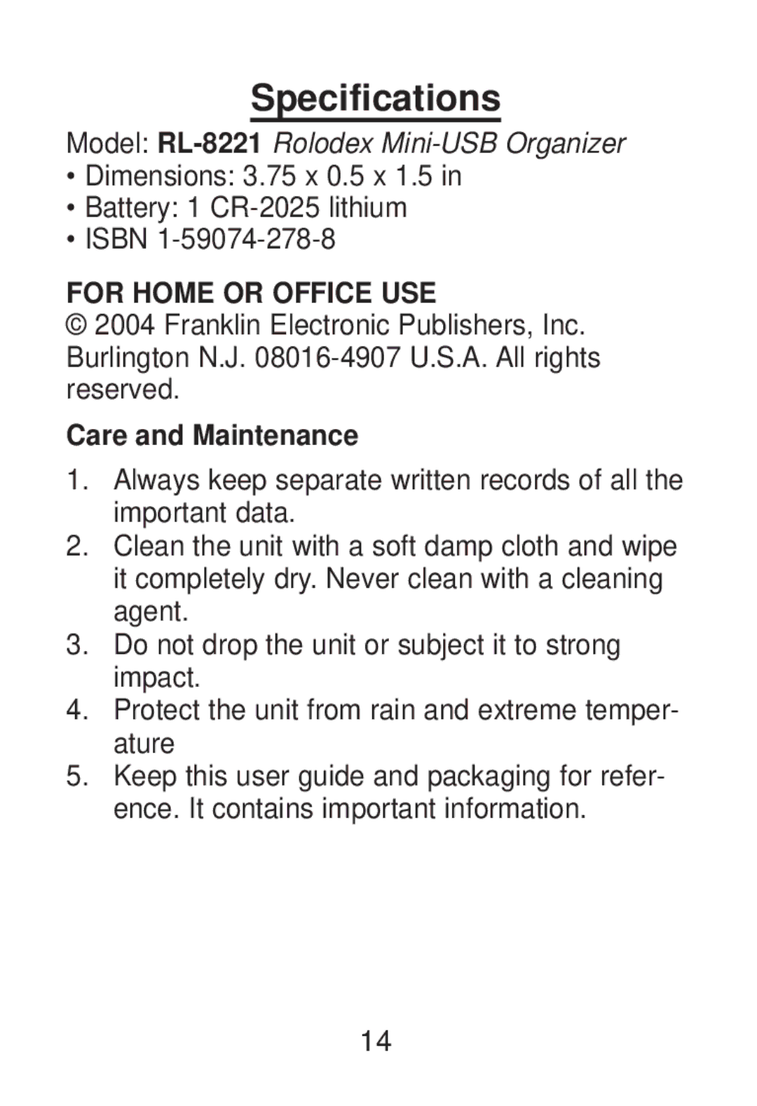 Franklin RL-8221 manual Specifications, Care and Maintenance 