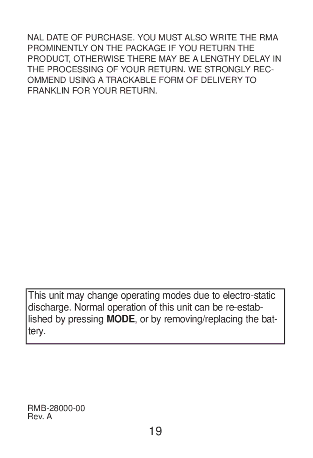 Franklin RL-8221 manual RMB-28000-00 Rev. a 