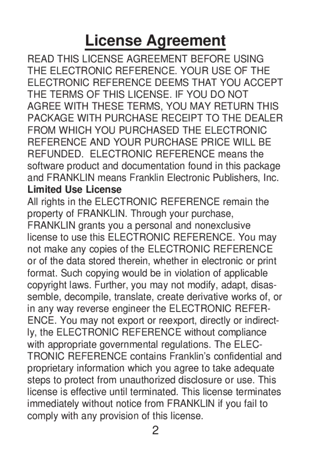 Franklin RL-8221 manual License Agreement, Limited Use License 