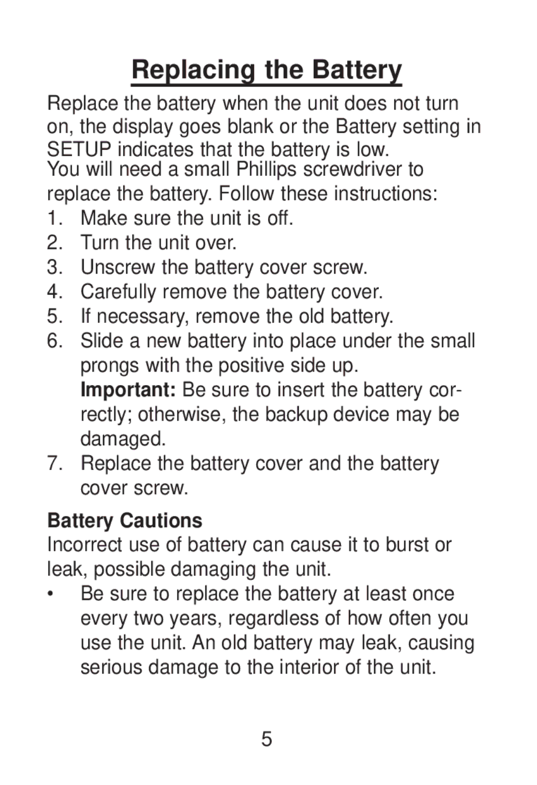 Franklin RL-8221 manual Replacing the Battery, Battery Cautions 