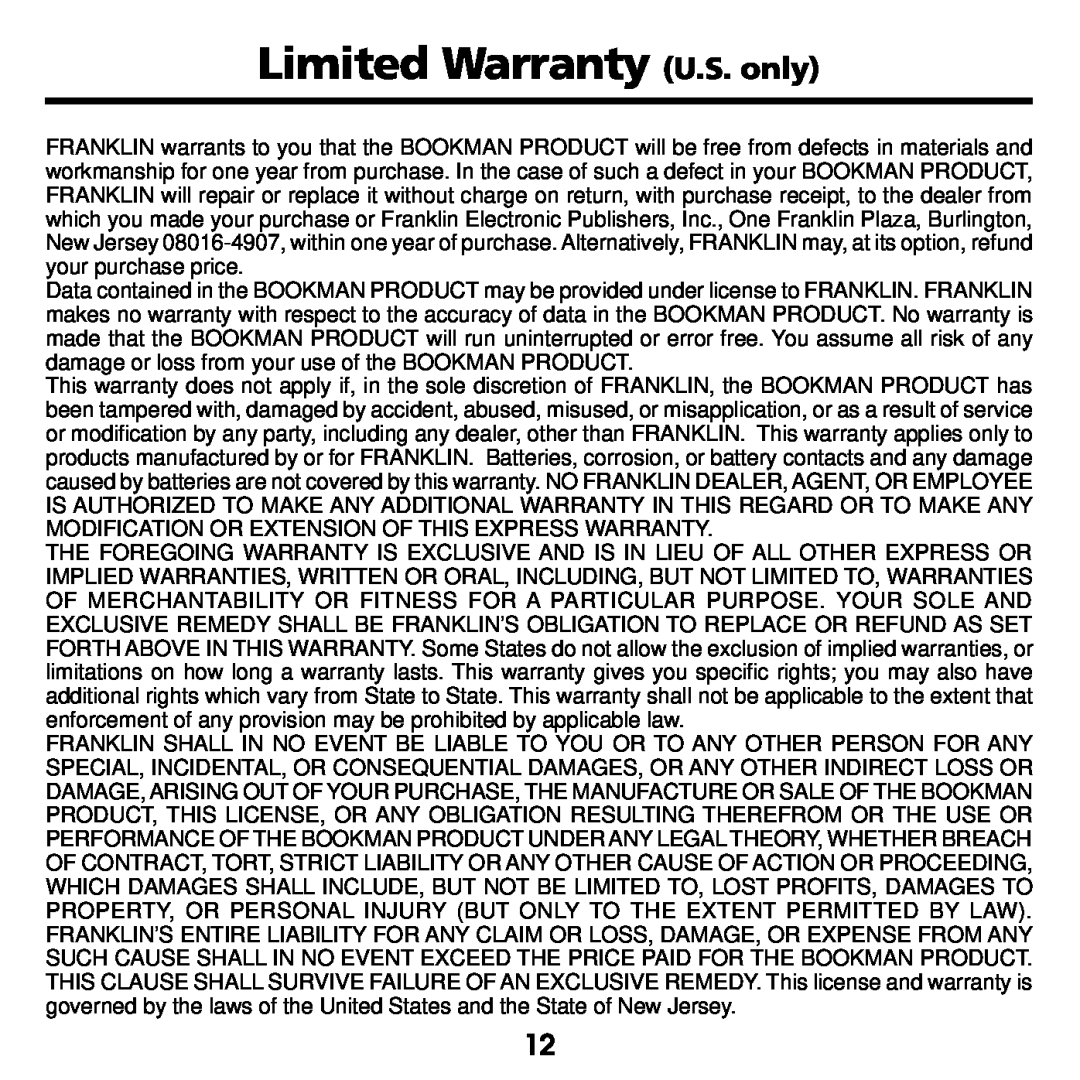 Franklin RMB-2030 manual Limited Warranty U.S. only 