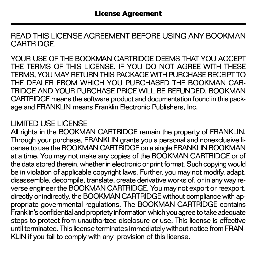Franklin RMB-2030 manual Limited Use License, License Agreement 