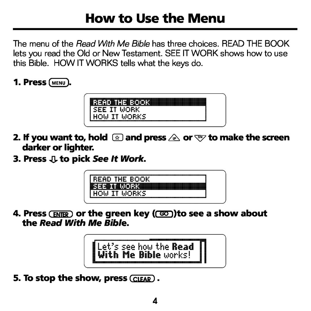 Franklin RMB-2030 manual How to Use the Menu, the Read With Me Bible 