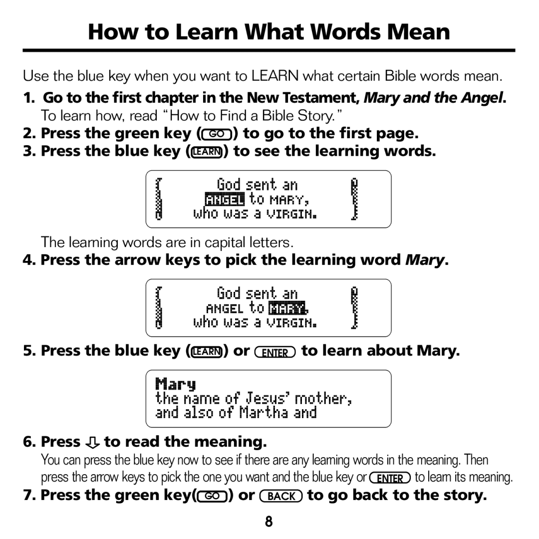 Franklin RMB-2030 manual How to Learn What Words Mean, Press the green key GO or Back to go back to the story 