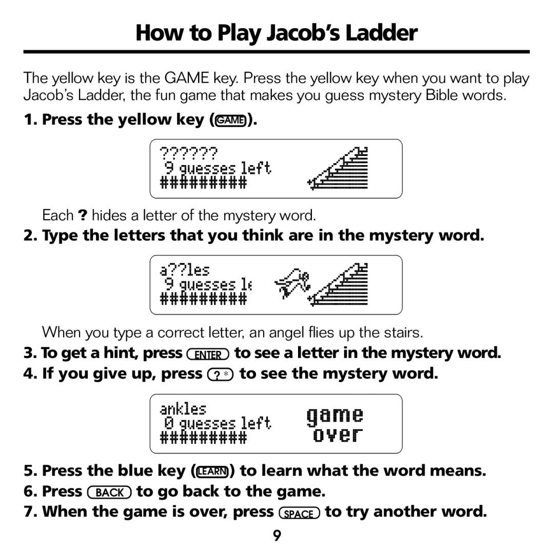 Franklin RMB-2030 manual How to Play Jacob’s Ladder, Press the yellow key Game 