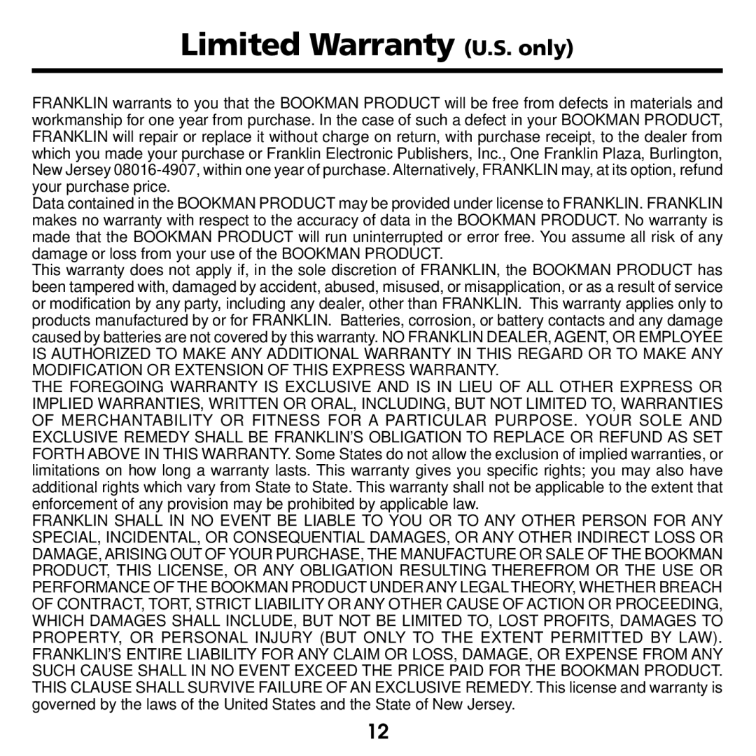 Franklin RMB-2030 manual Limited Warranty U.S. only 