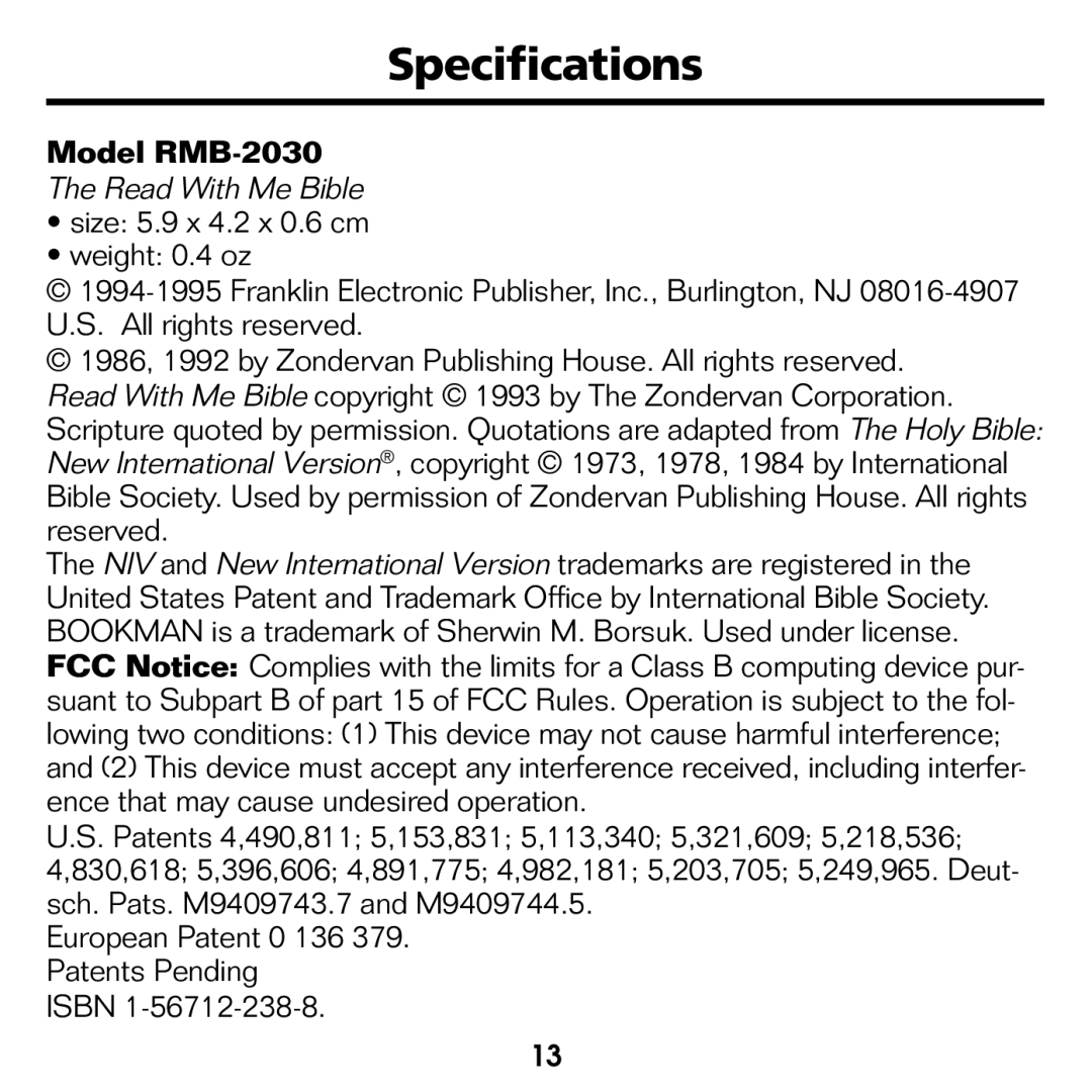 Franklin manual Specifications, Model RMB-2030 