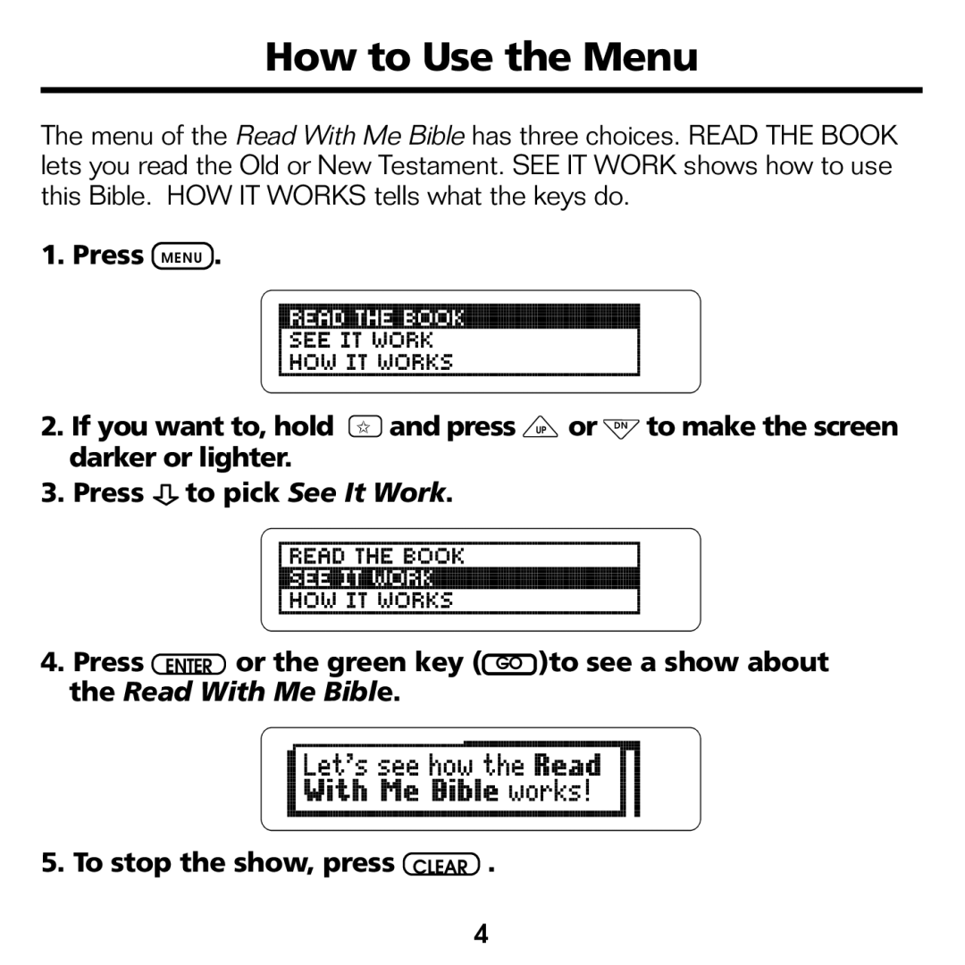 Franklin RMB-2030 manual How to Use the Menu, To stop the show, press Clear 