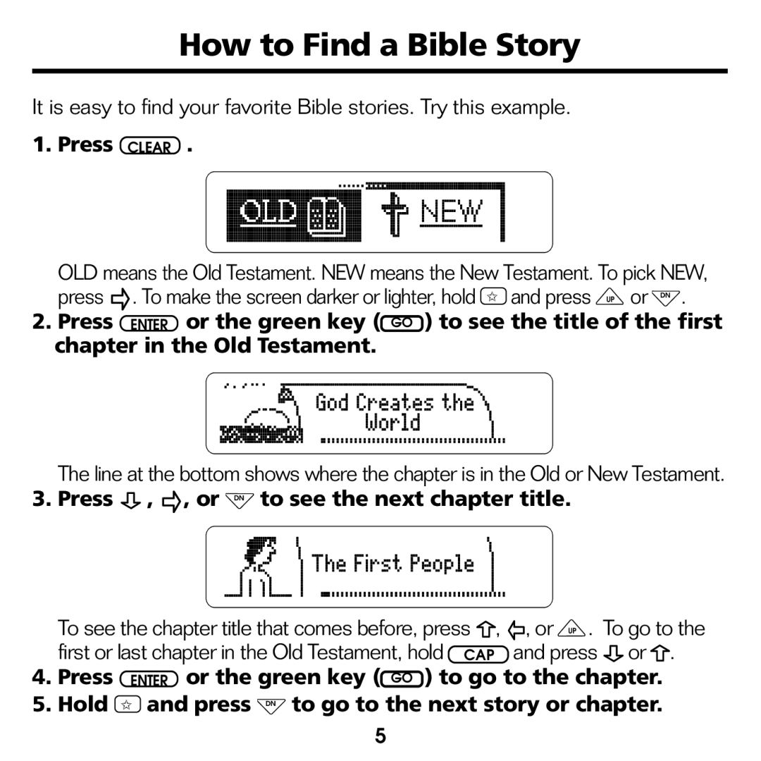 Franklin RMB-2030 manual How to Find a Bible Story, Press Clear, Press , , or DN to see the next chapter title 