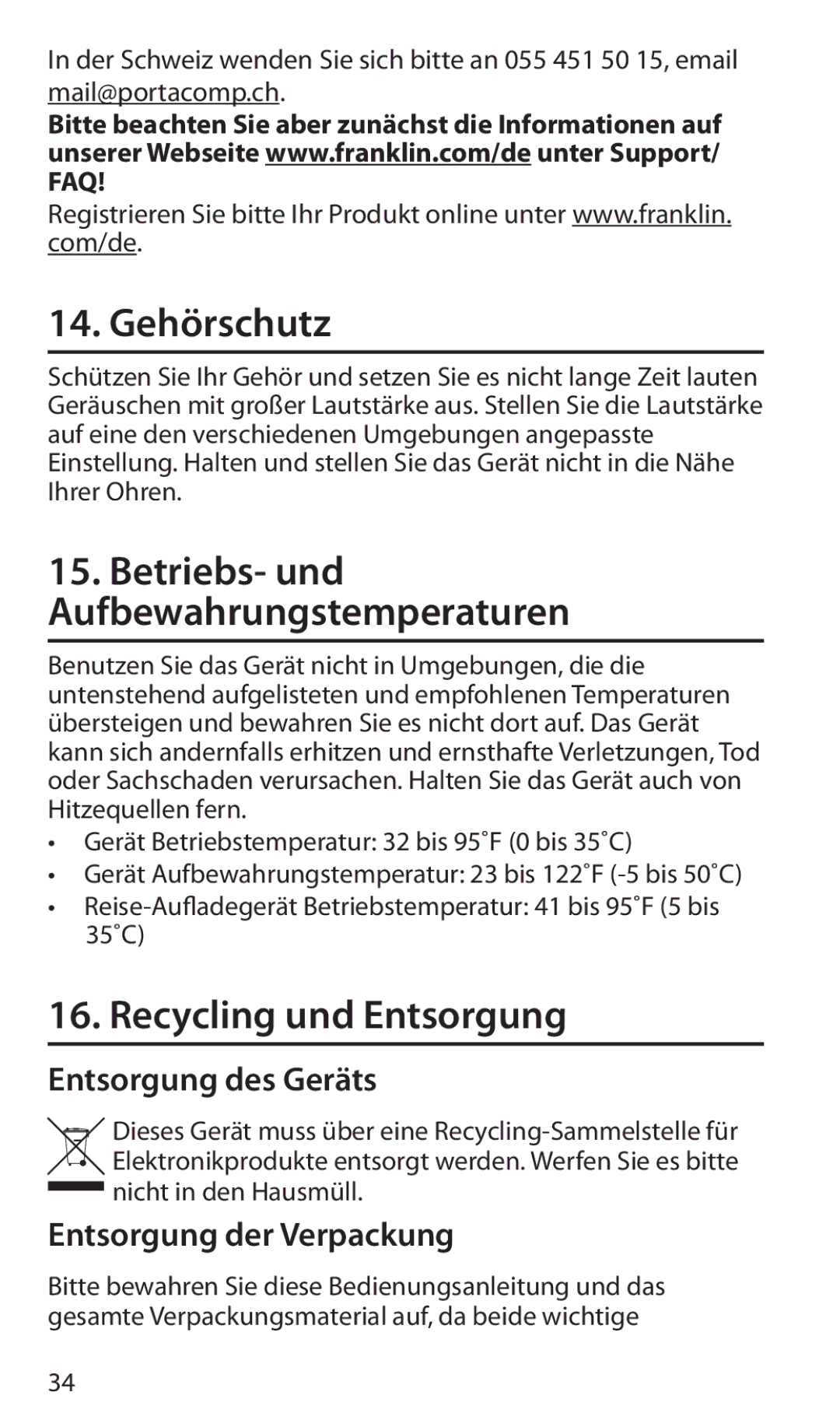 Franklin roadie unplugged mobile amped audio system manual Gehörschutz, Recycling und Entsorgung, Entsorgung des Geräts 