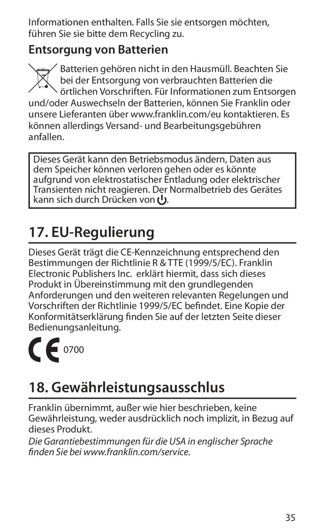 Franklin EVS-6000BT manual EU-Regulierung, Gewährleistungsausschlus, Entsorgung von Batterien 