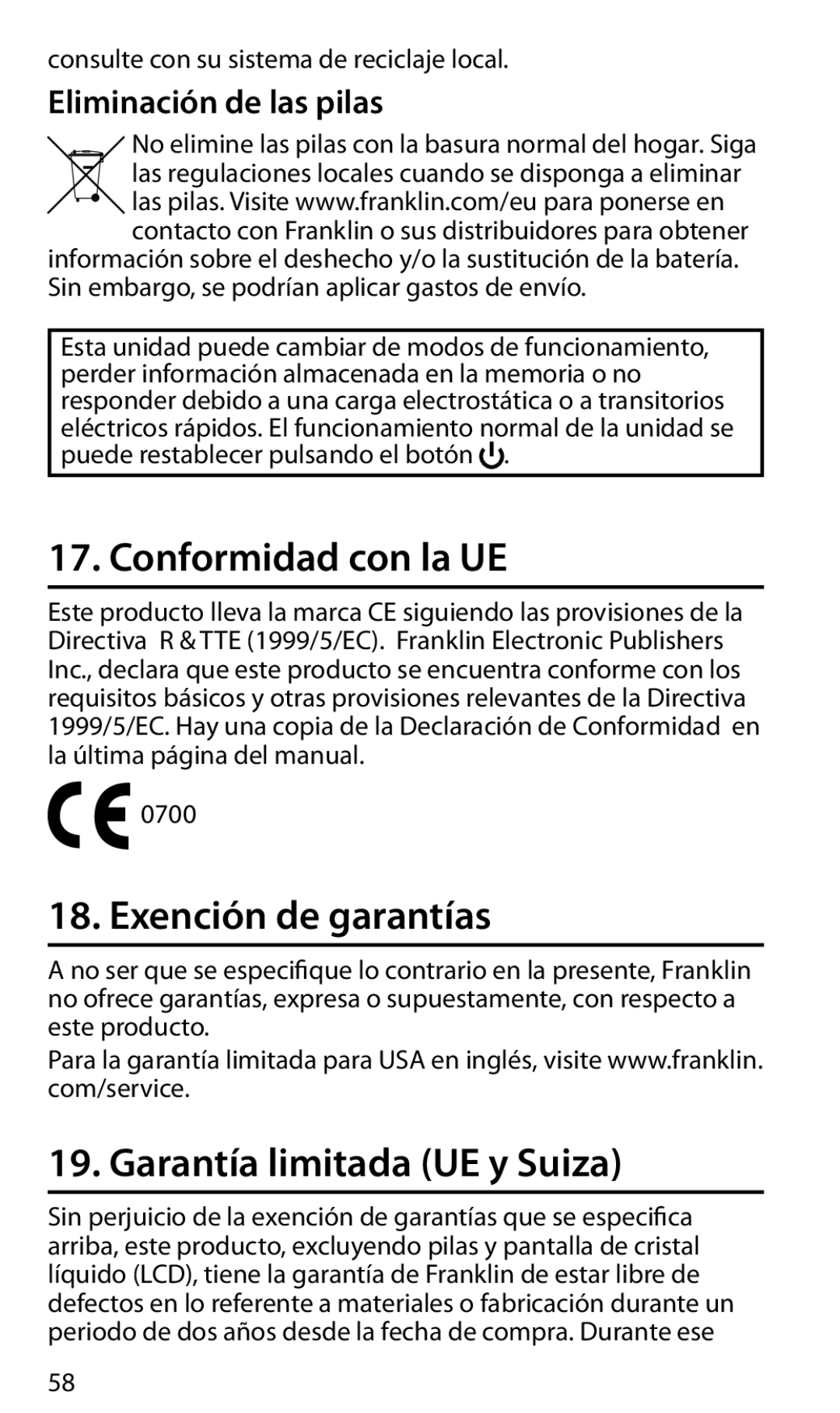 Franklin roadie unplugged mobile amped audio system Conformidad con la UE, Exención de garantías, Eliminación de las pilas 