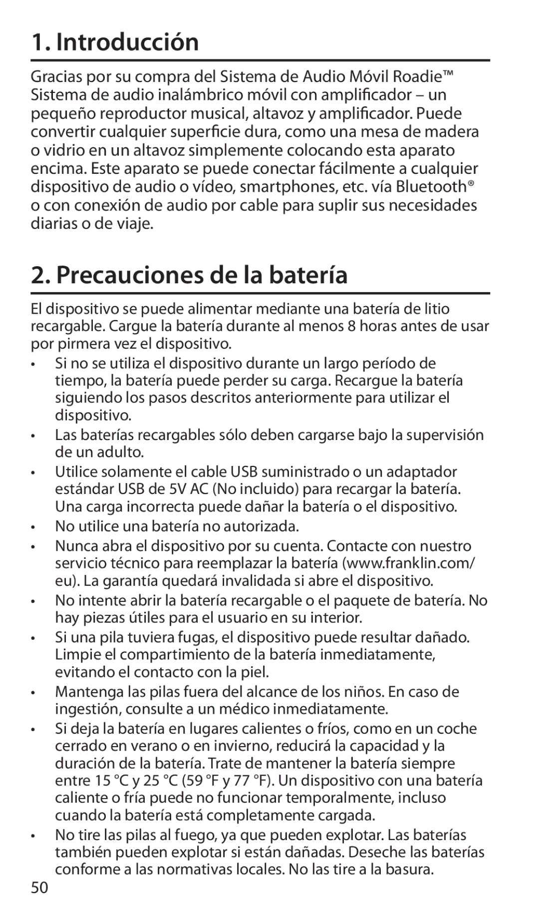 Franklin roadie unplugged mobile amped audio system, EVS-6000BT manual Introducción, Precauciones de la batería 