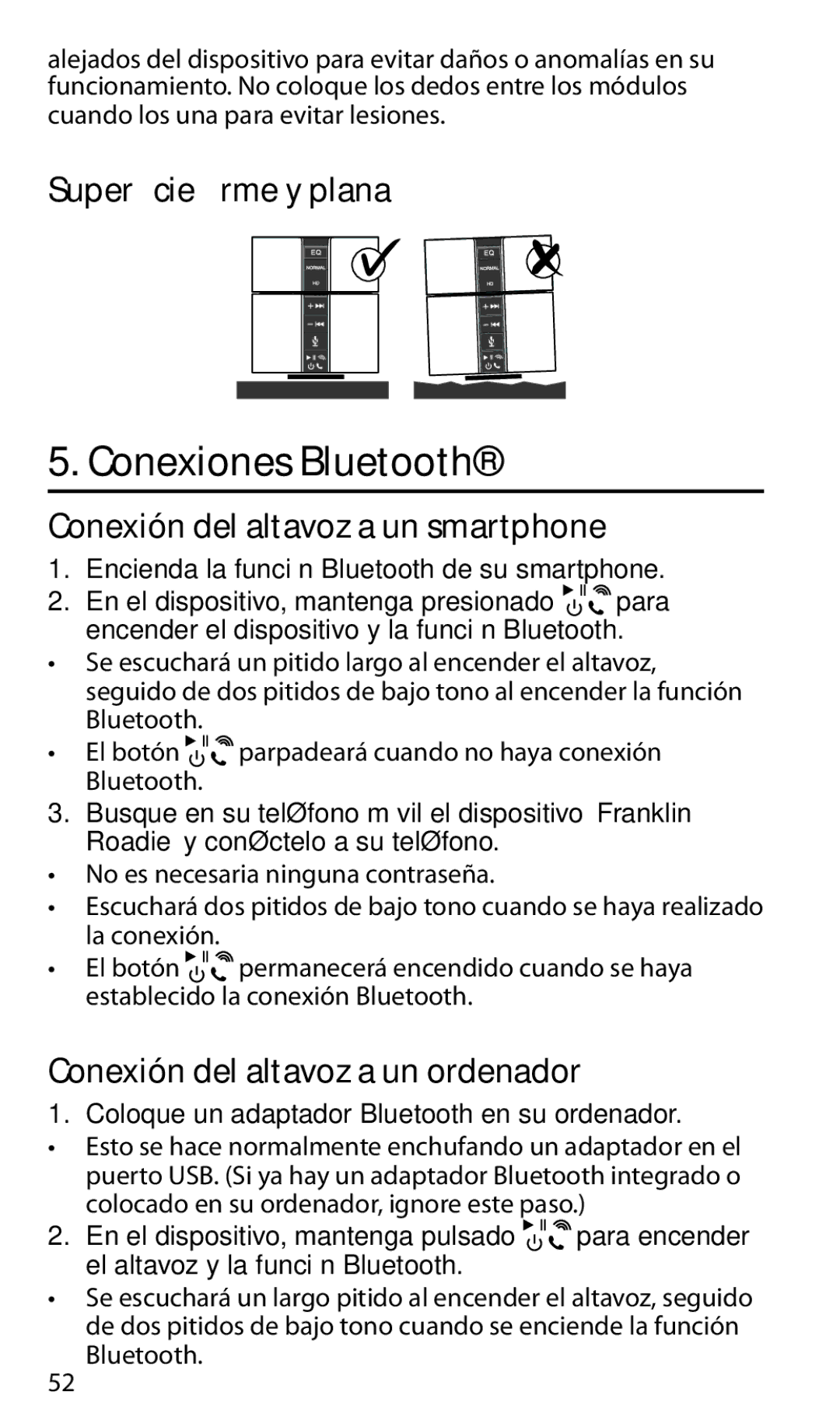 Franklin roadie unplugged mobile amped audio system, EVS-6000BT manual Conexiones Bluetooth, Superficie firme y plana 