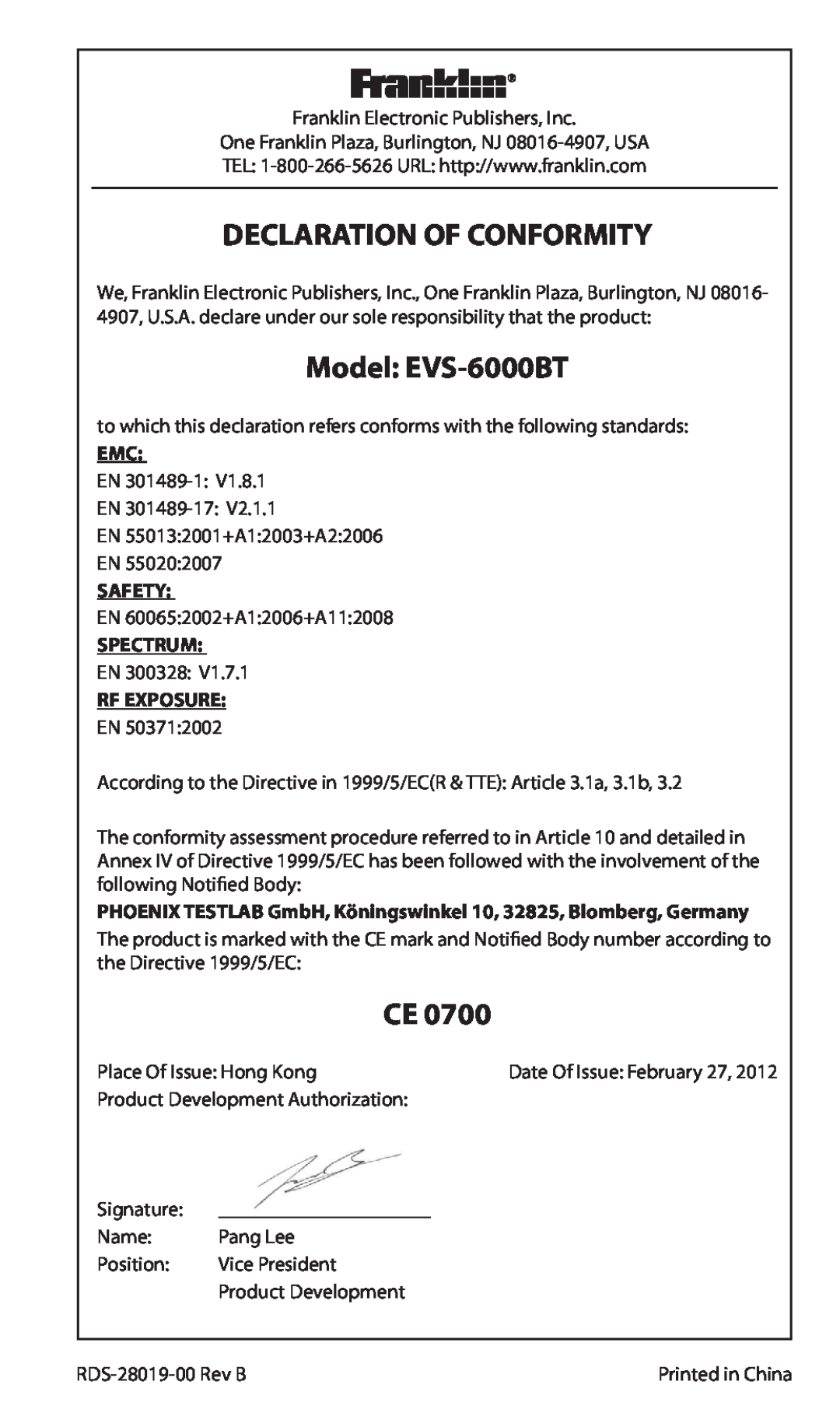 Franklin manual Declaration Of Conformity, Model EVS-6000BT, Safety, Spectrum, Rf Exposure 