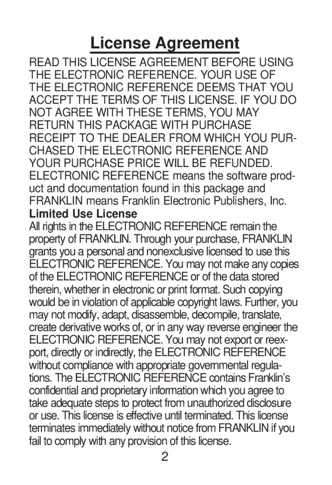 Franklin RT-8015 manual License Agreement, Limited Use License 