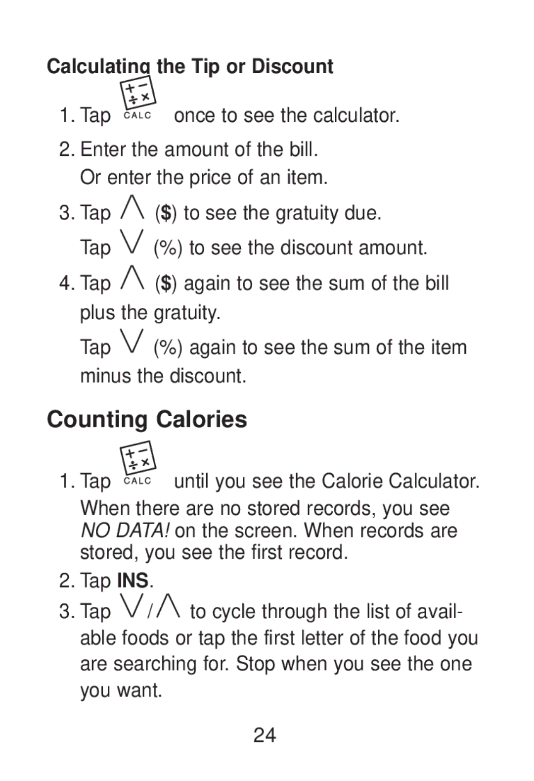 Franklin RT-8015 manual Counting Calories, Calculating the Tip or Discount 