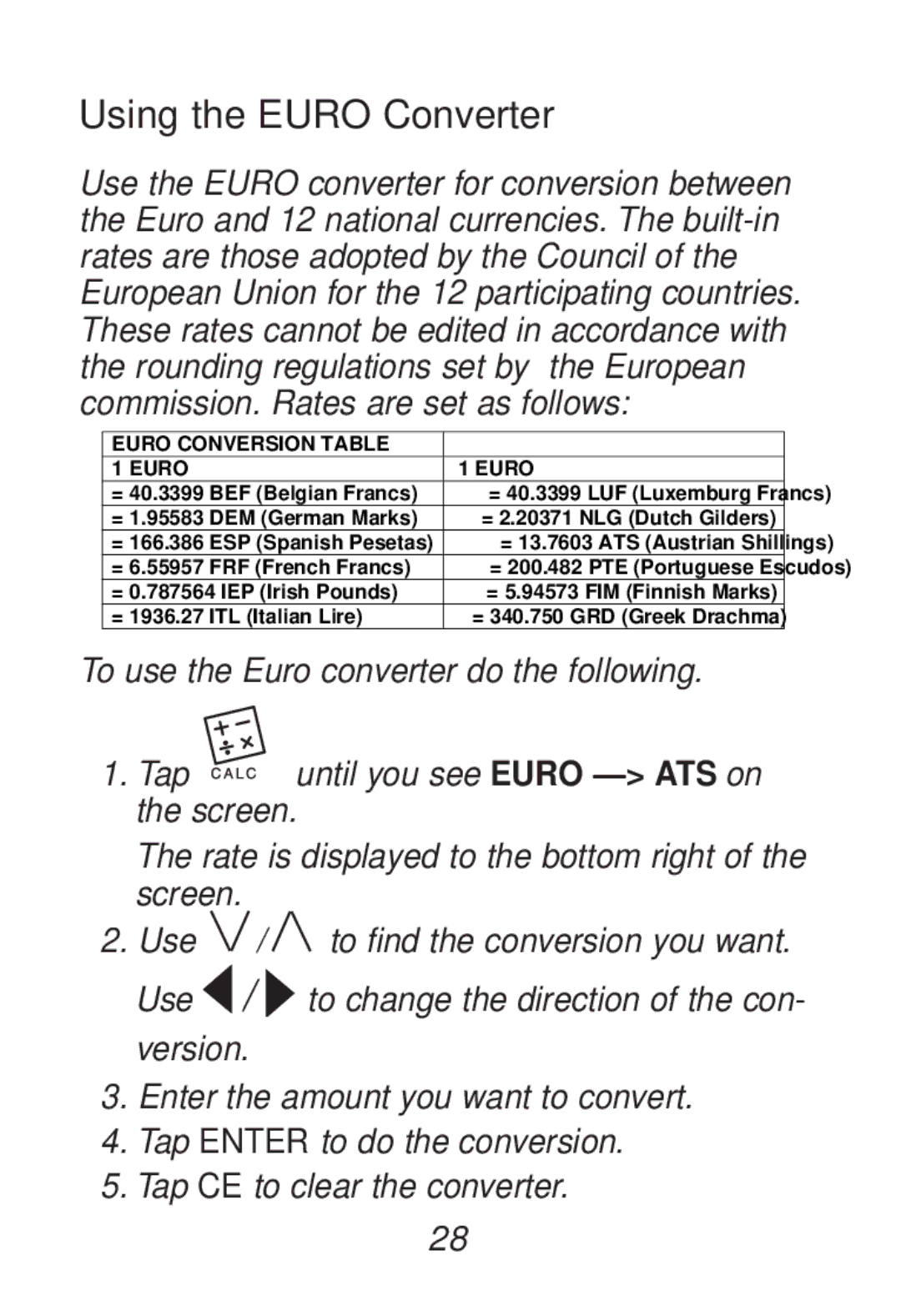 Franklin RT-8015 manual Using the Euro Converter, Euro Conversion Table 