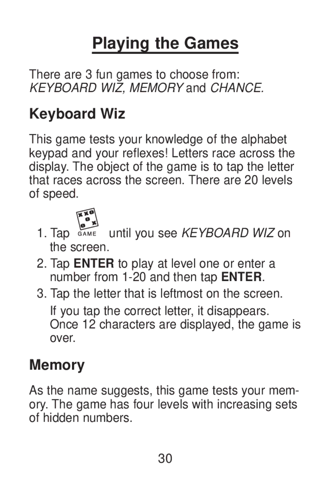 Franklin RT-8015 manual Playing the Games, Keyboard Wiz, Memory 