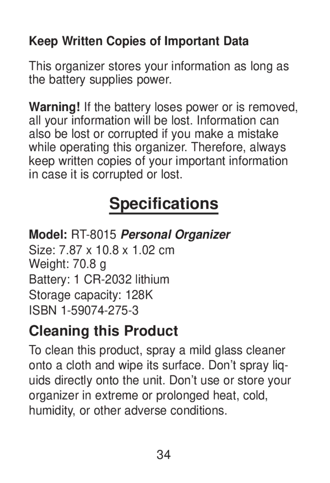 Franklin RT-8015 manual Specifications, Cleaning this Product, Keep Written Copies of Important Data 