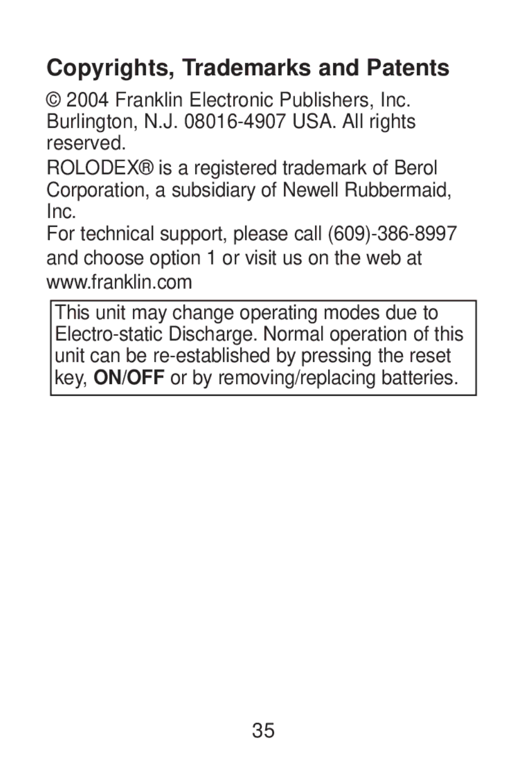 Franklin RT-8015 manual Copyrights, Trademarks and Patents 