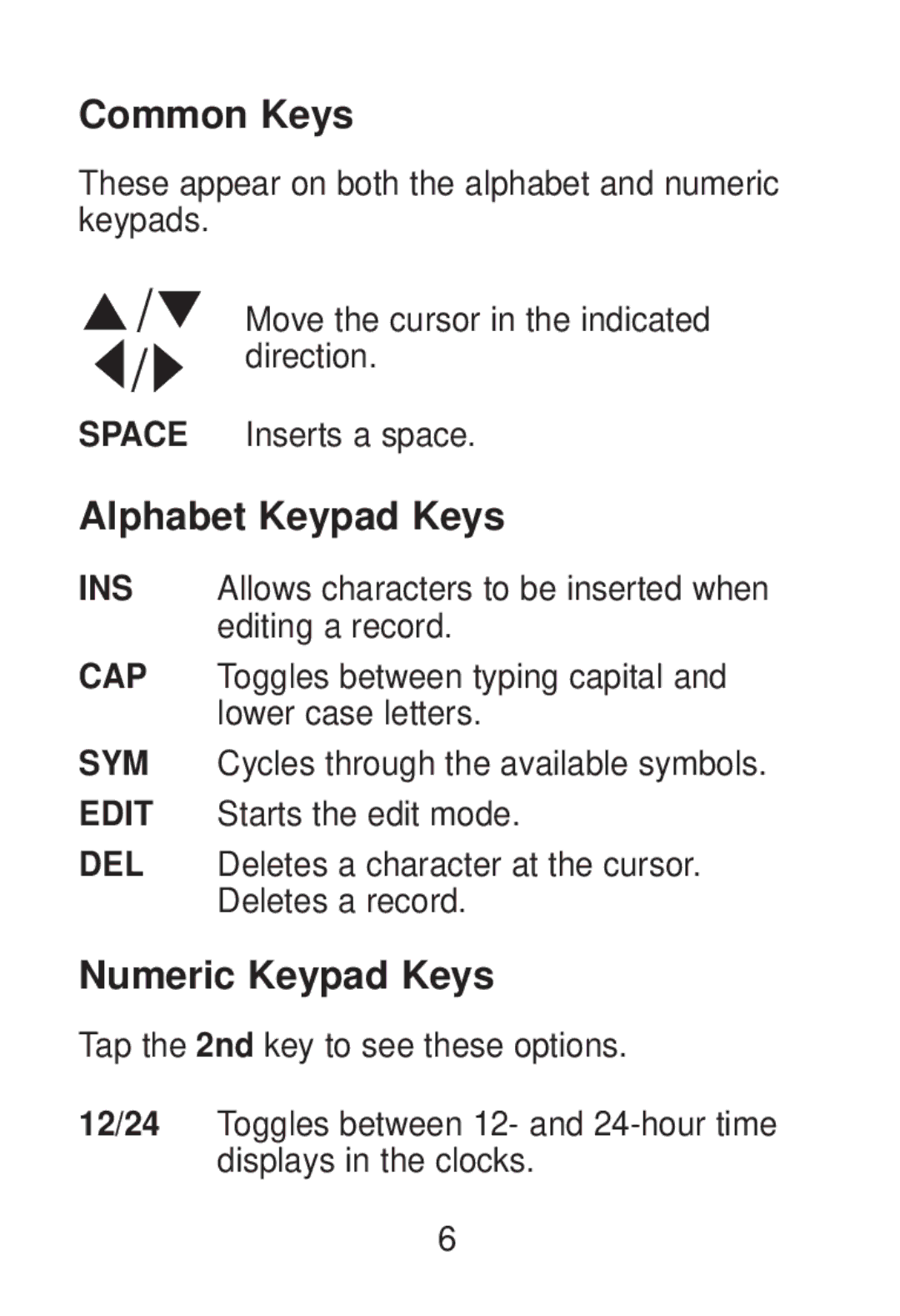 Franklin RT-8015 manual Common Keys, Alphabet Keypad Keys, Numeric Keypad Keys 